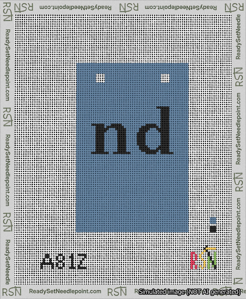 A taped needlepoint canvas with the design: Banner 13 mesh count Squared nd Black on Blue.
