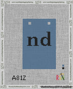 A taped needlepoint canvas with the design: Banner 13 mesh count Squared nd Black on Blue.