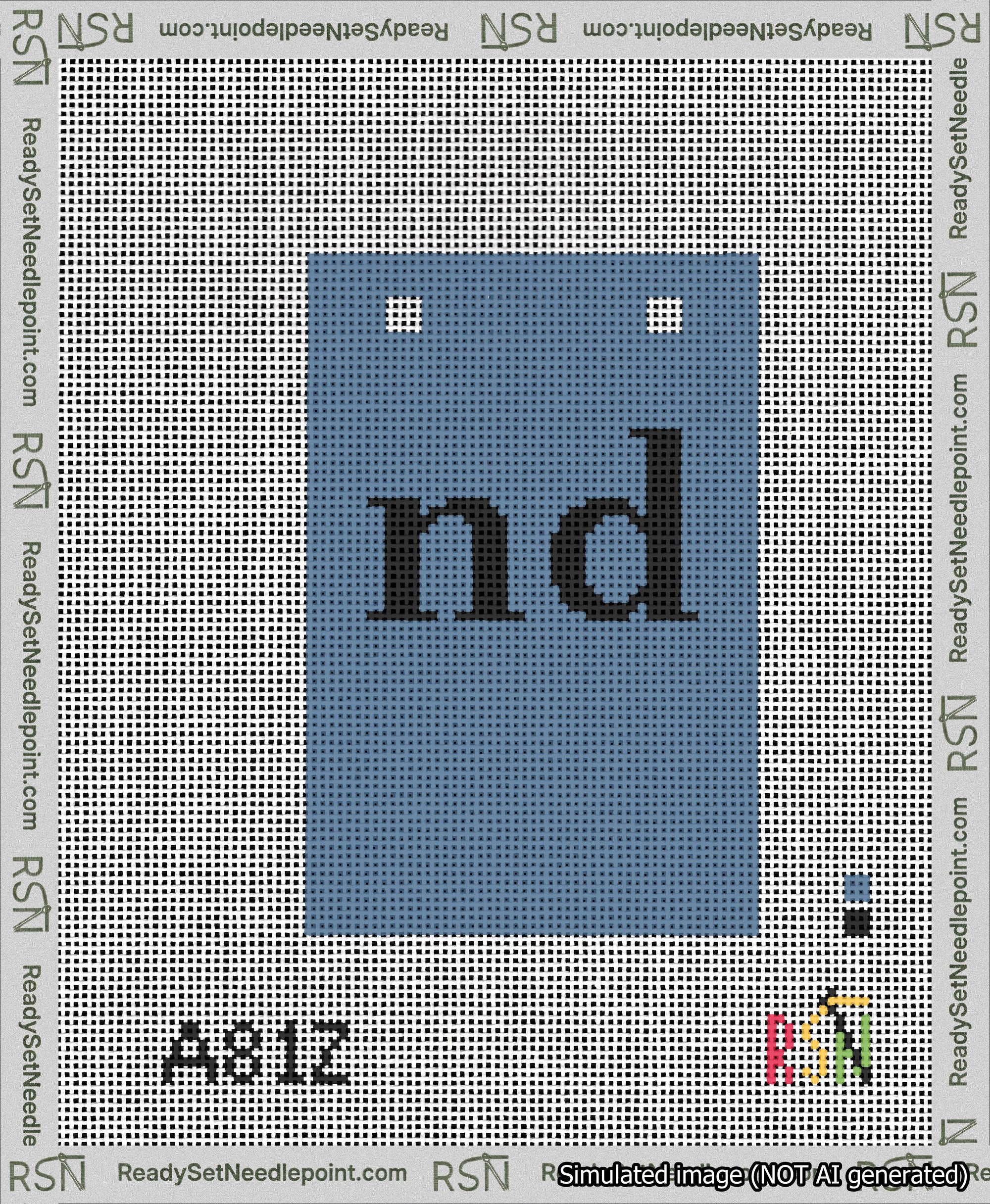A taped needlepoint canvas with the design: Banner 13 mesh count Squared nd Black on Blue.