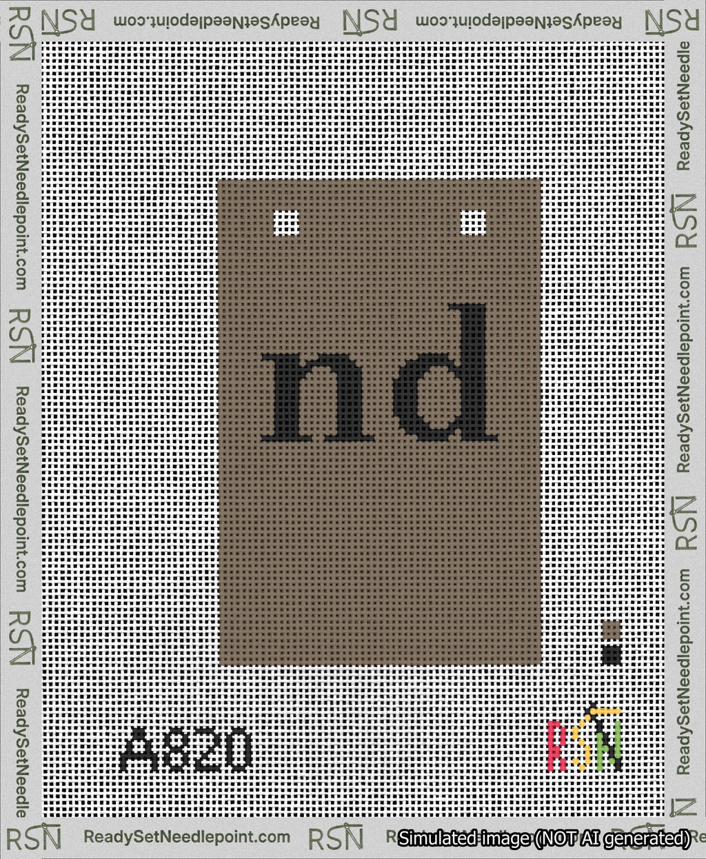 A taped needlepoint canvas with the design: Banner 13 mesh count Squared nd Black on Brown.