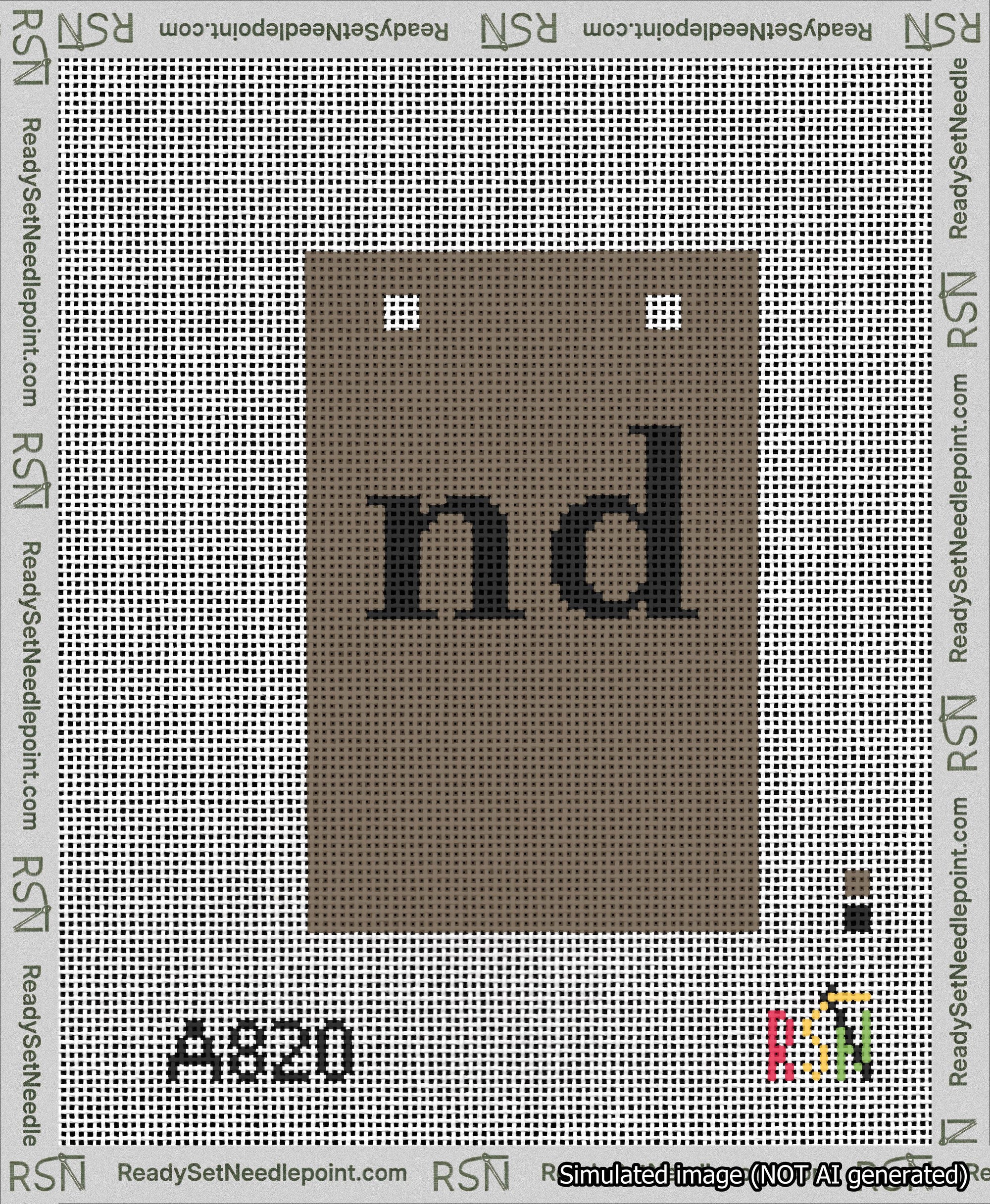 A taped needlepoint canvas with the design: Banner 13 mesh count Squared nd Black on Brown.