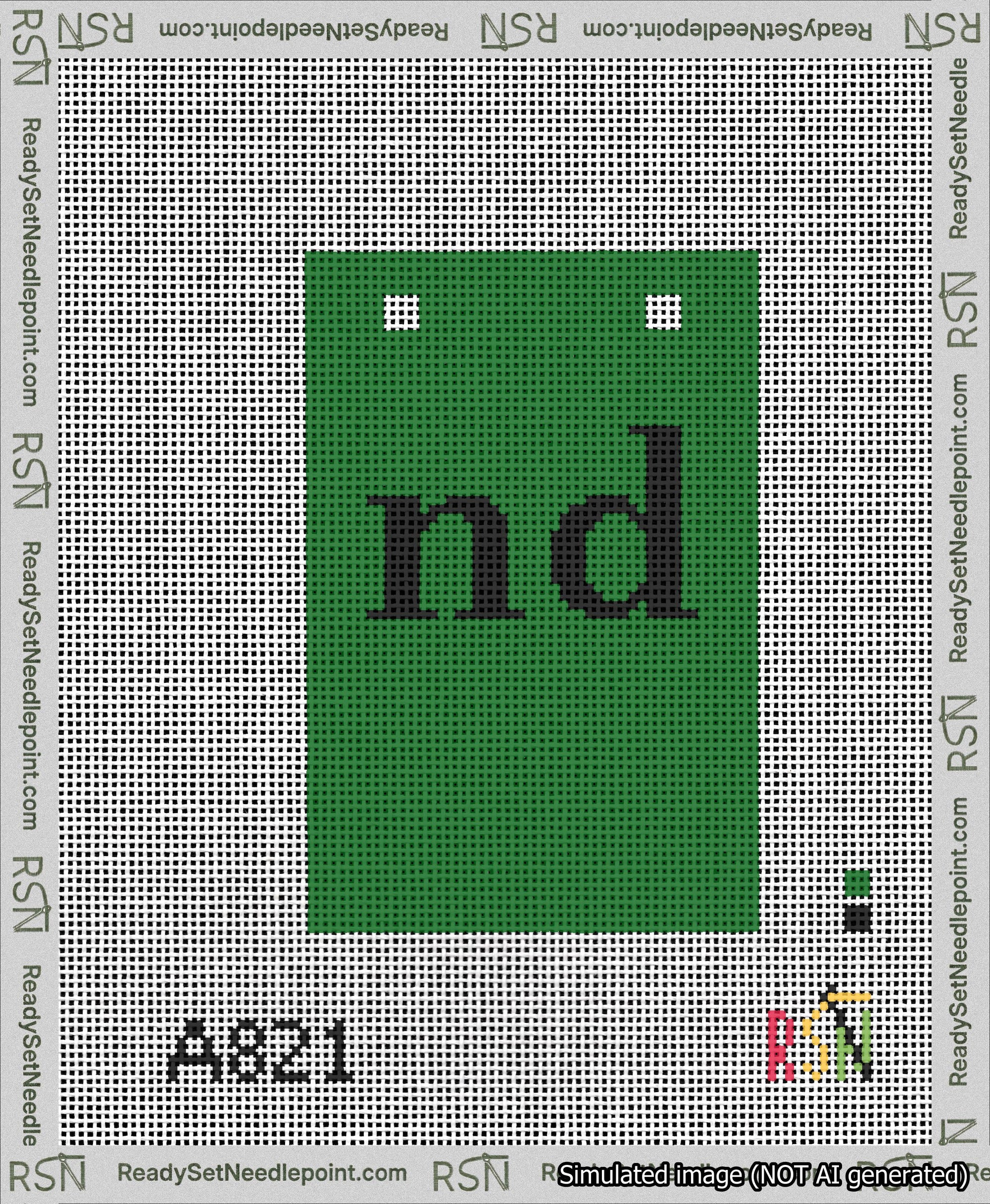 A taped needlepoint canvas with the design: Banner 13 mesh count Squared nd Black on Green.