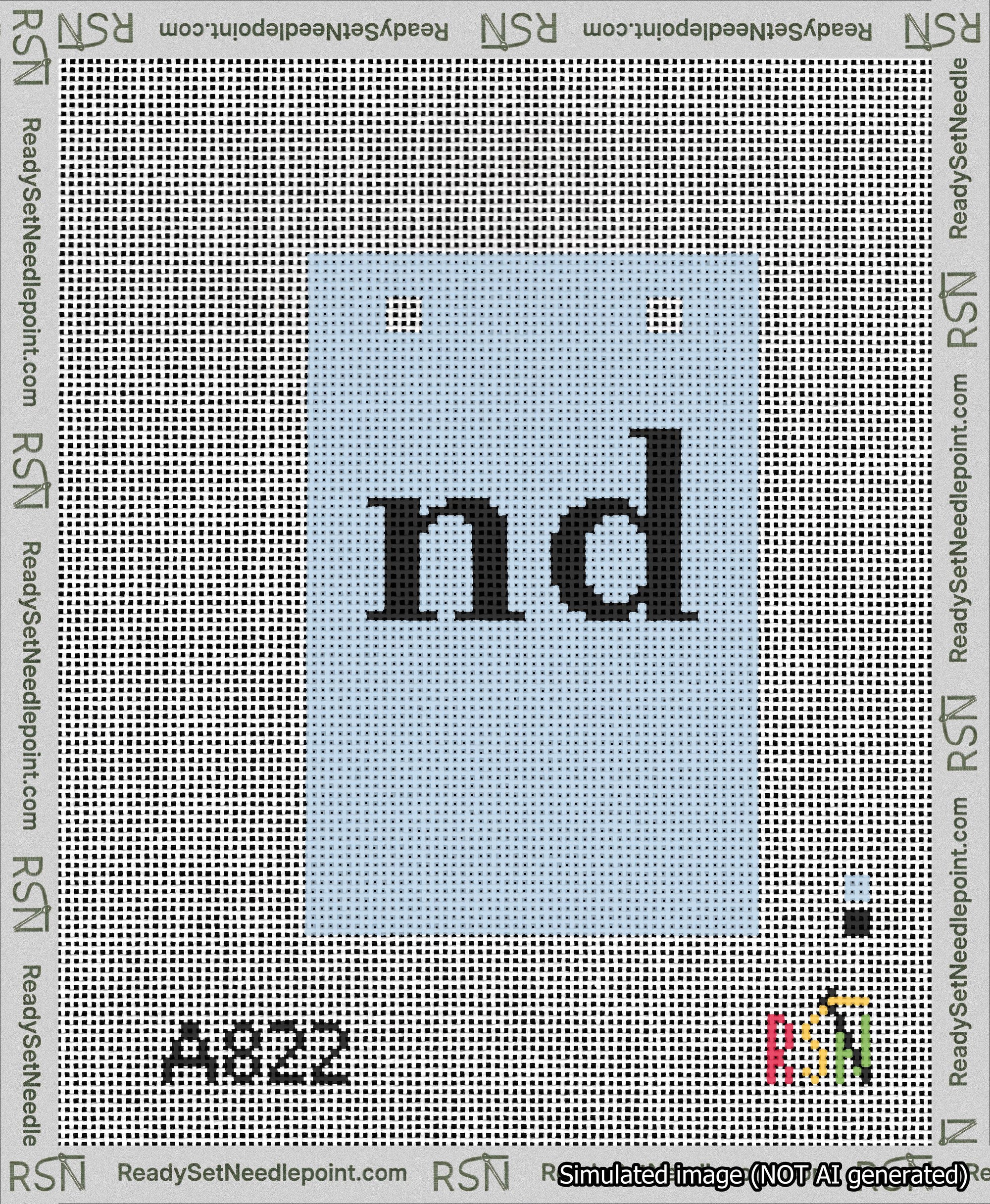 A taped needlepoint canvas with the design: Banner 13 mesh count Squared nd Black on Light Blue.