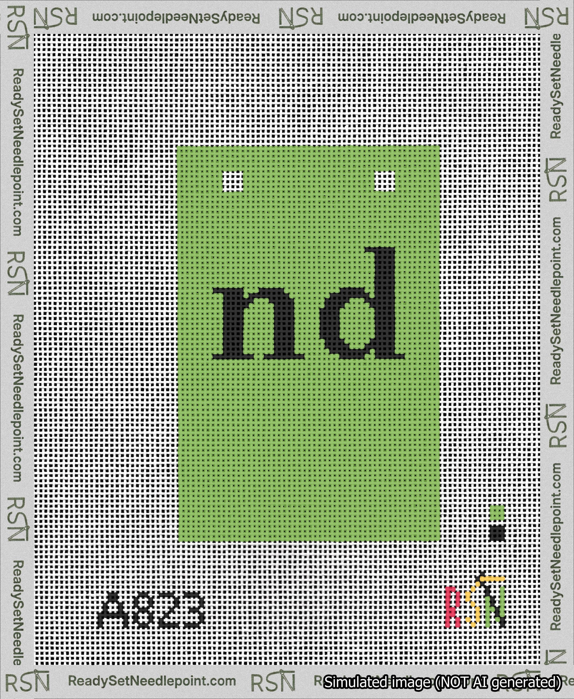 A taped needlepoint canvas with the design: Banner 13 mesh count Squared nd Black on Light Green.