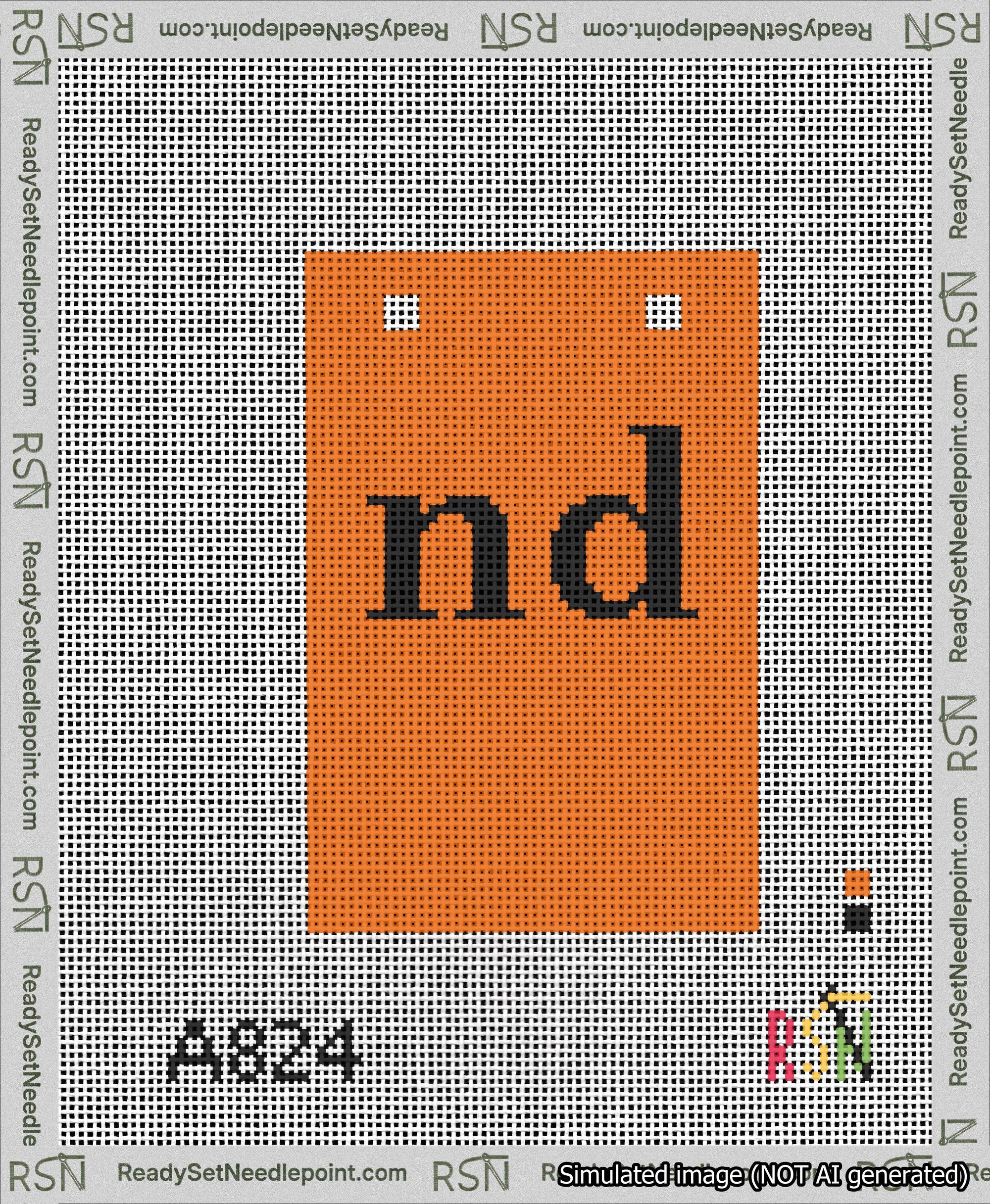 A taped needlepoint canvas with the design: Banner 13 mesh count Squared nd Black on Orange.