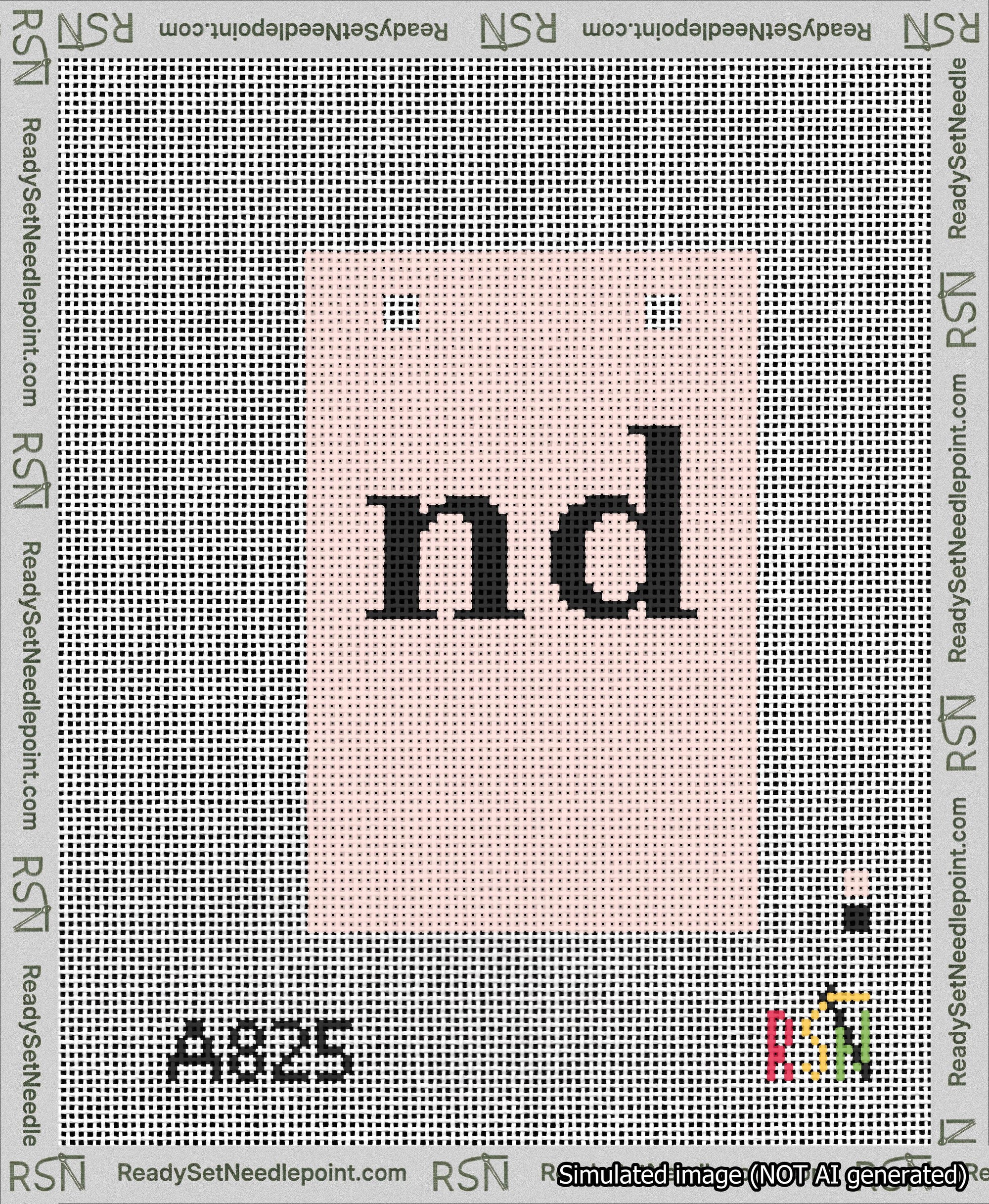 A taped needlepoint canvas with the design: Banner 13 mesh count Squared nd Black on Pink.