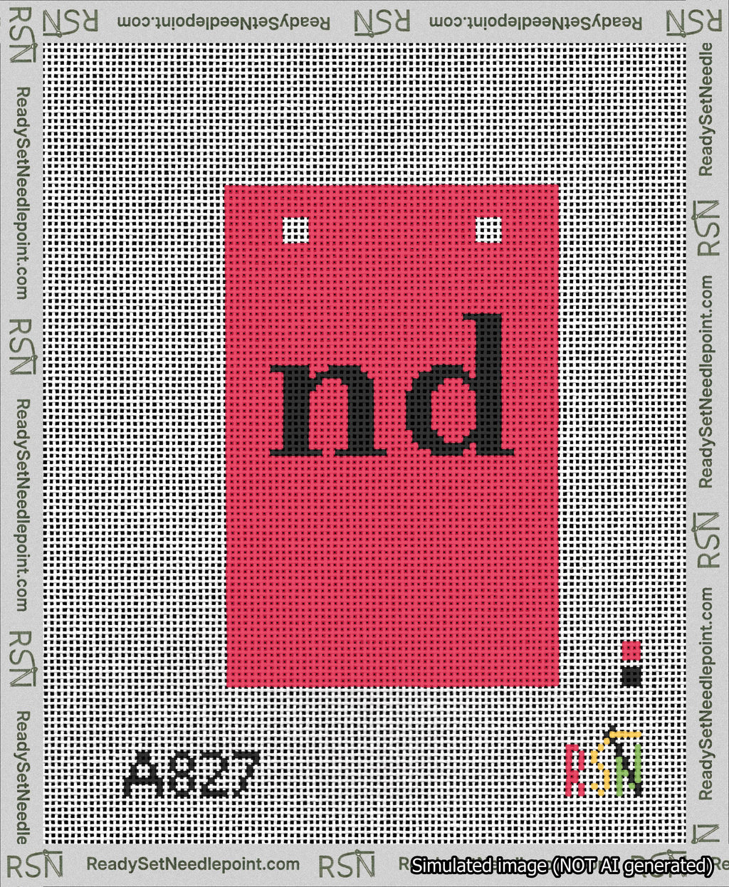 A taped needlepoint canvas with the design: Banner 13 mesh count Squared nd Black on Red.