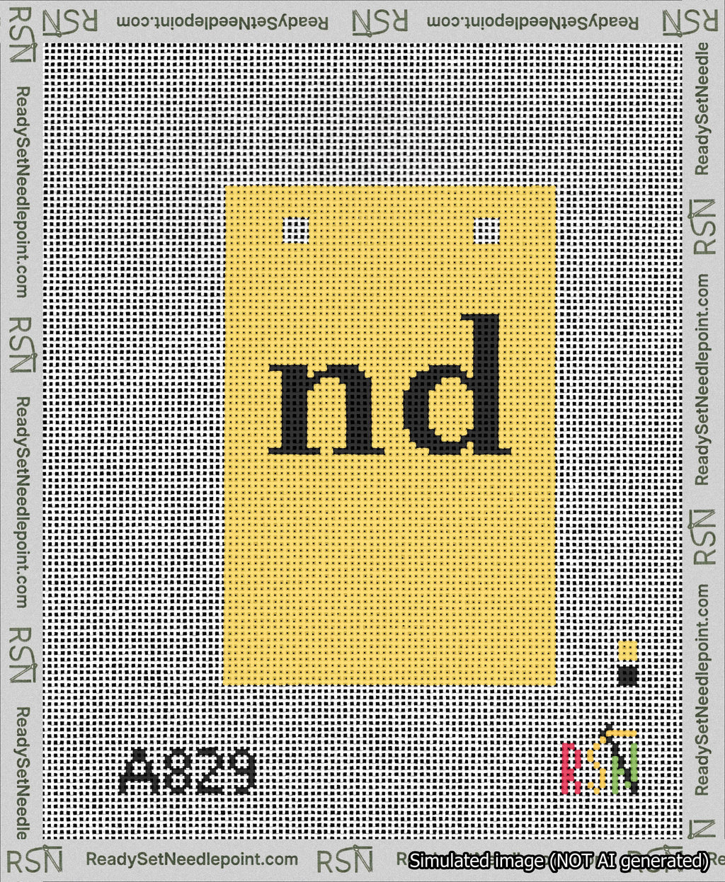A taped needlepoint canvas with the design: Banner 13 mesh count Squared nd Black on Yellow.
