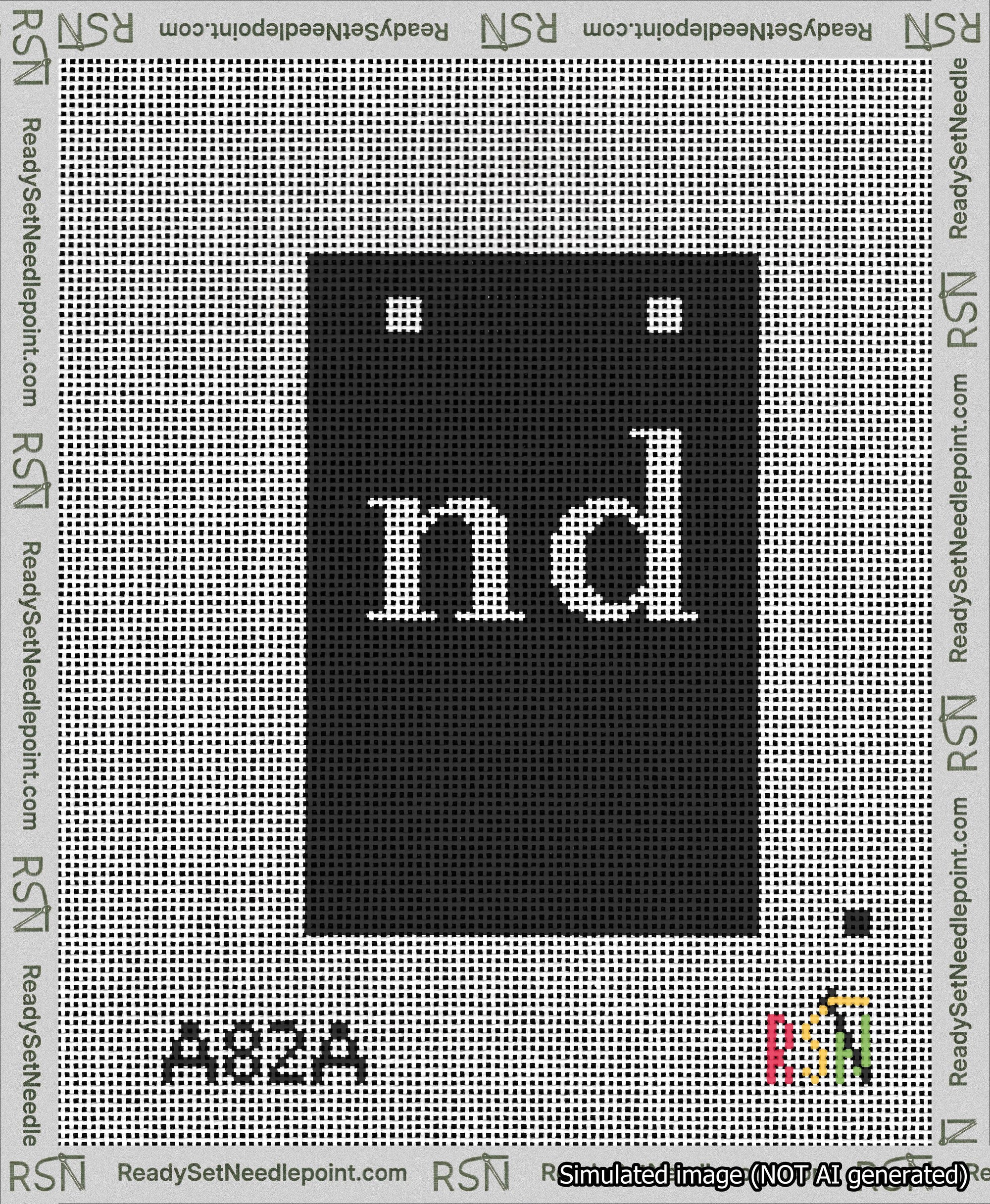 A taped needlepoint canvas with the design: Banner 13 mesh count Squared nd White on Black.