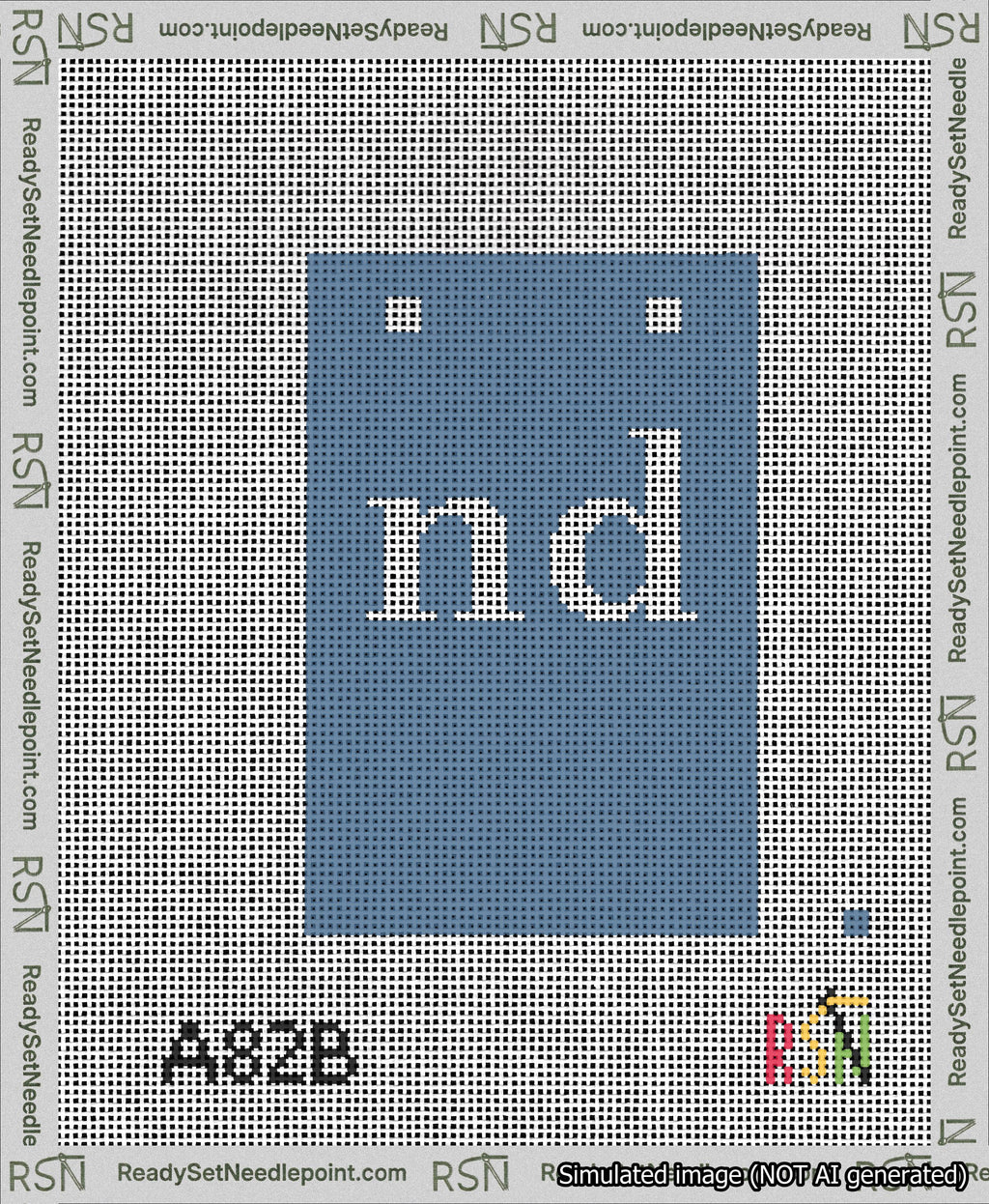 A taped needlepoint canvas with the design: Banner 13 mesh count Squared nd White on Blue.