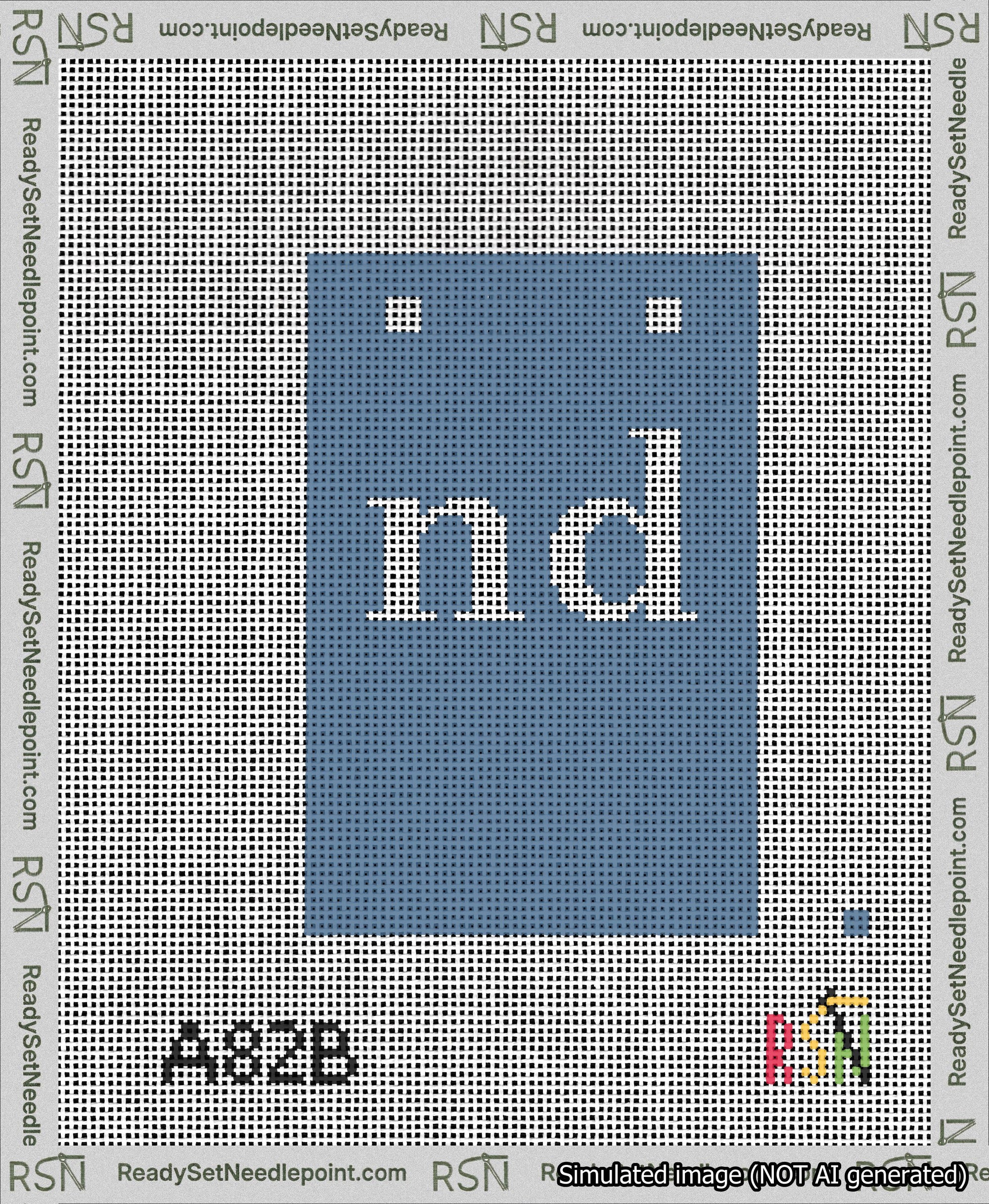 A taped needlepoint canvas with the design: Banner 13 mesh count Squared nd White on Blue.
