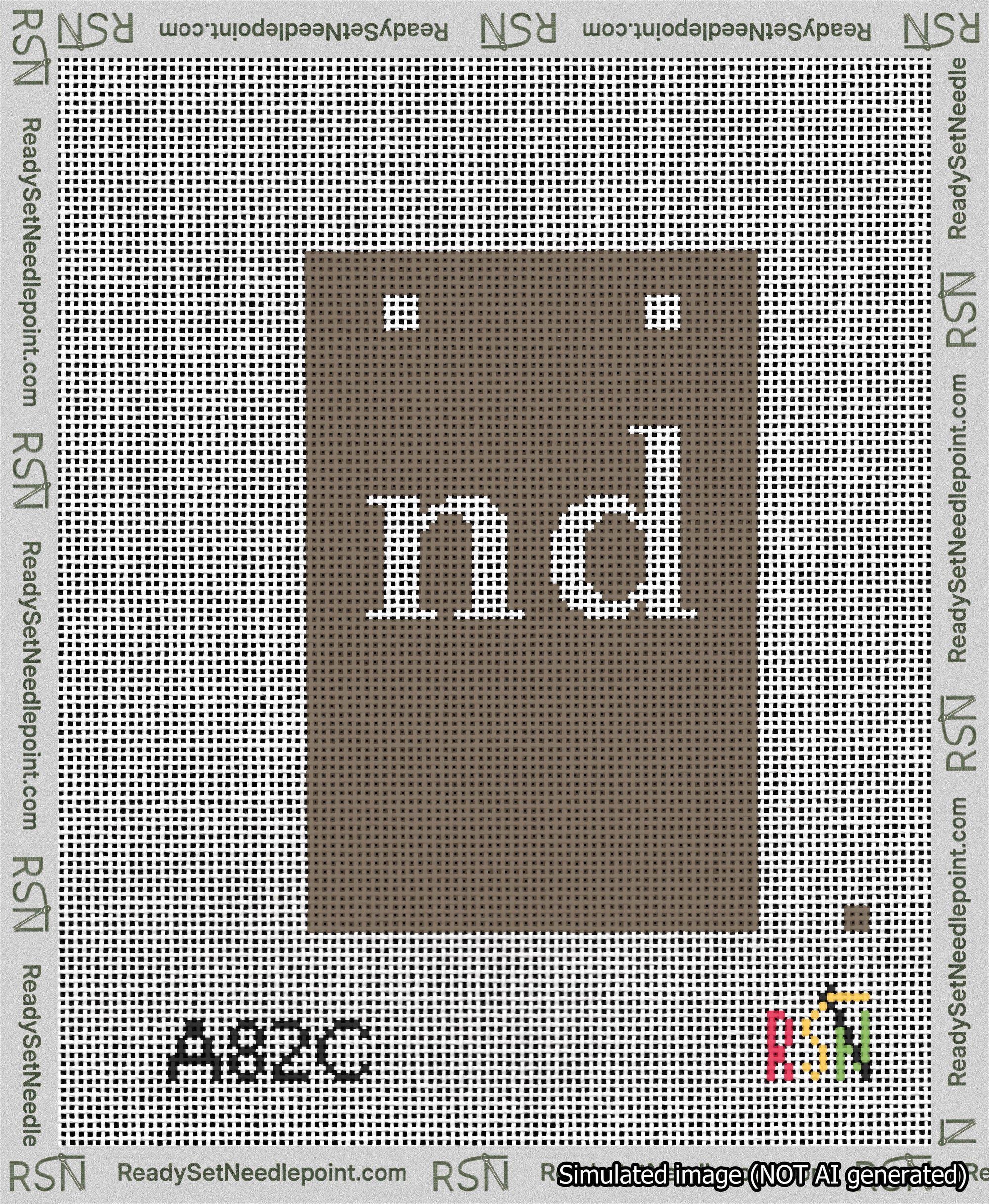 A taped needlepoint canvas with the design: Banner 13 mesh count Squared nd White on Brown.
