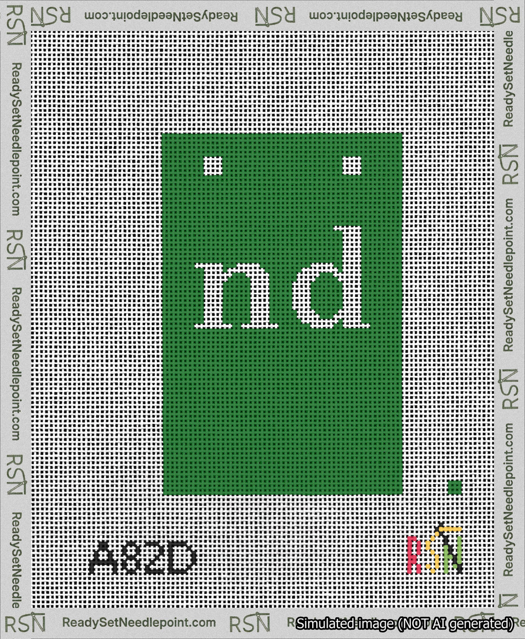 A taped needlepoint canvas with the design: Banner 13 mesh count Squared nd White on Green.