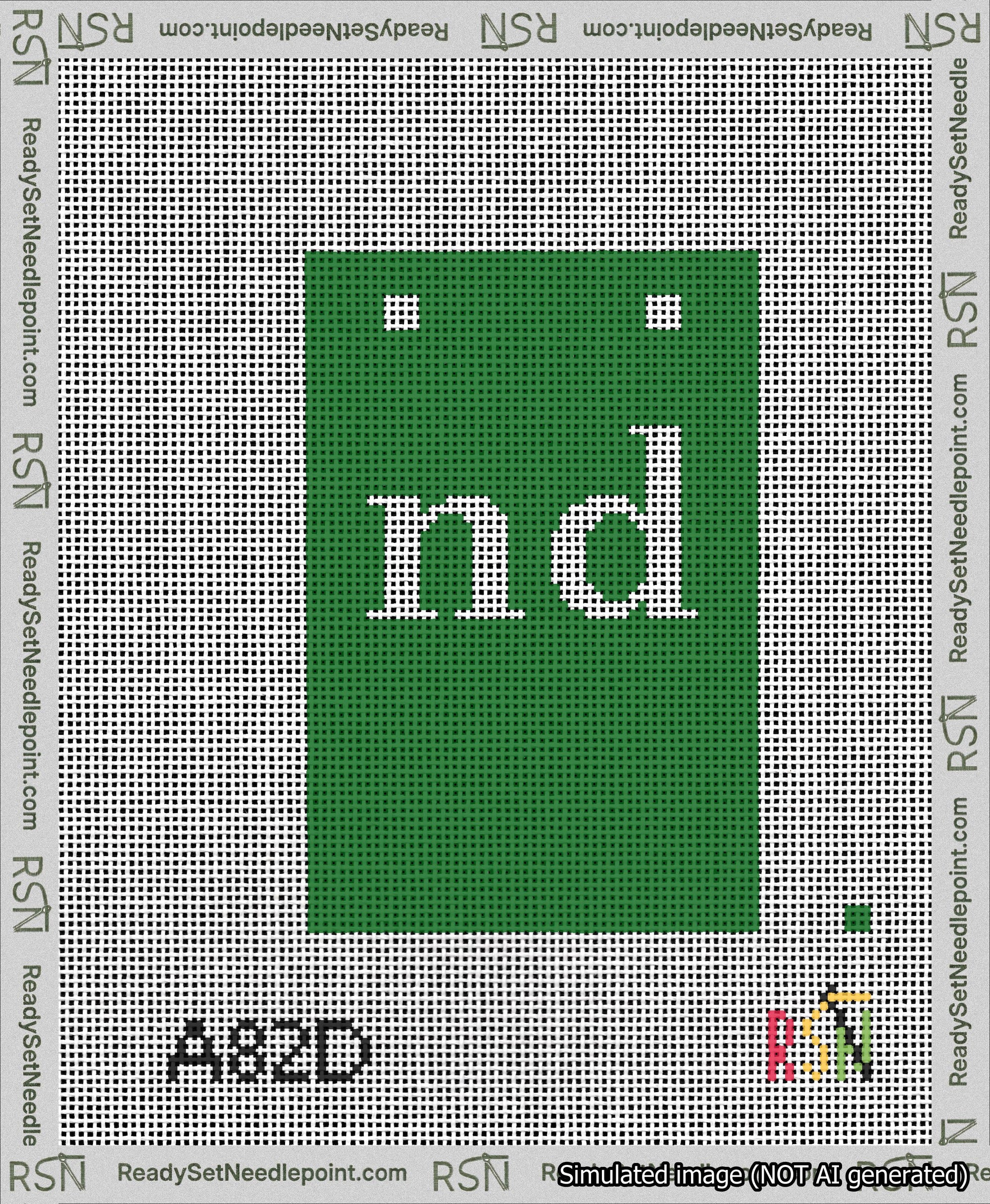 A taped needlepoint canvas with the design: Banner 13 mesh count Squared nd White on Green.