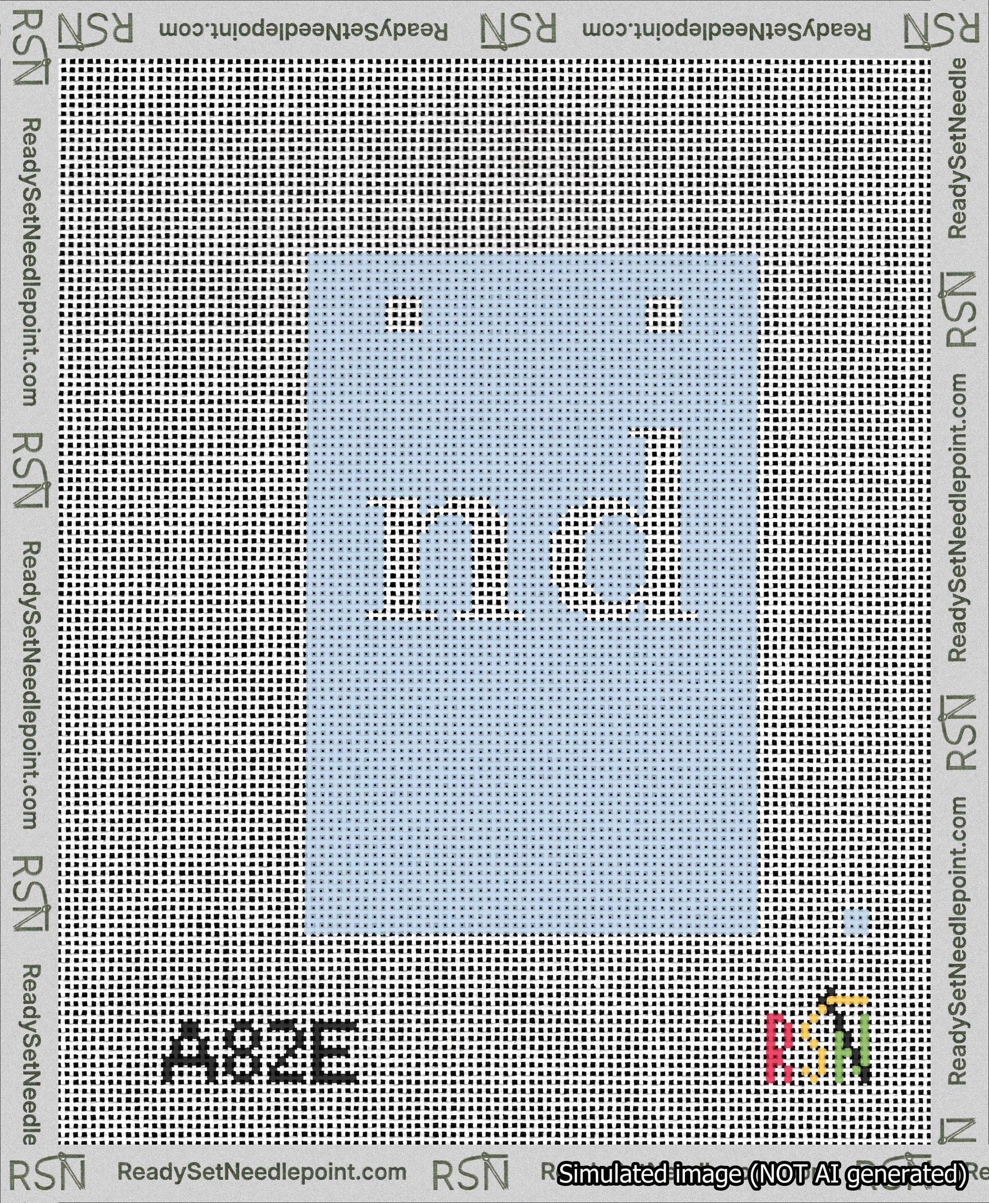 A taped needlepoint canvas with the design: Banner 13 mesh count Squared nd White on Light Blue.