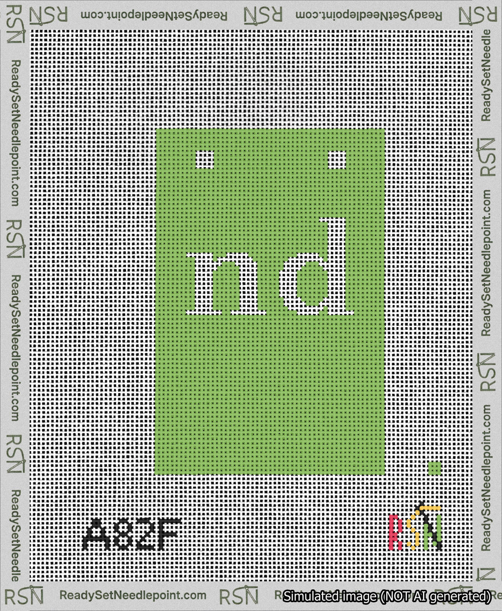 A taped needlepoint canvas with the design: Banner 13 mesh count Squared nd White on Light Green.