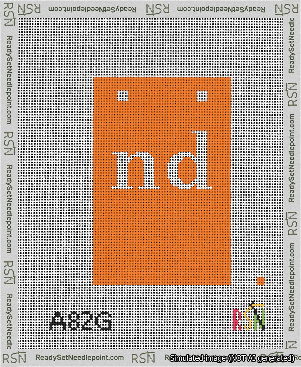 A taped needlepoint canvas with the design: Banner 13 mesh count Squared nd White on Orange.