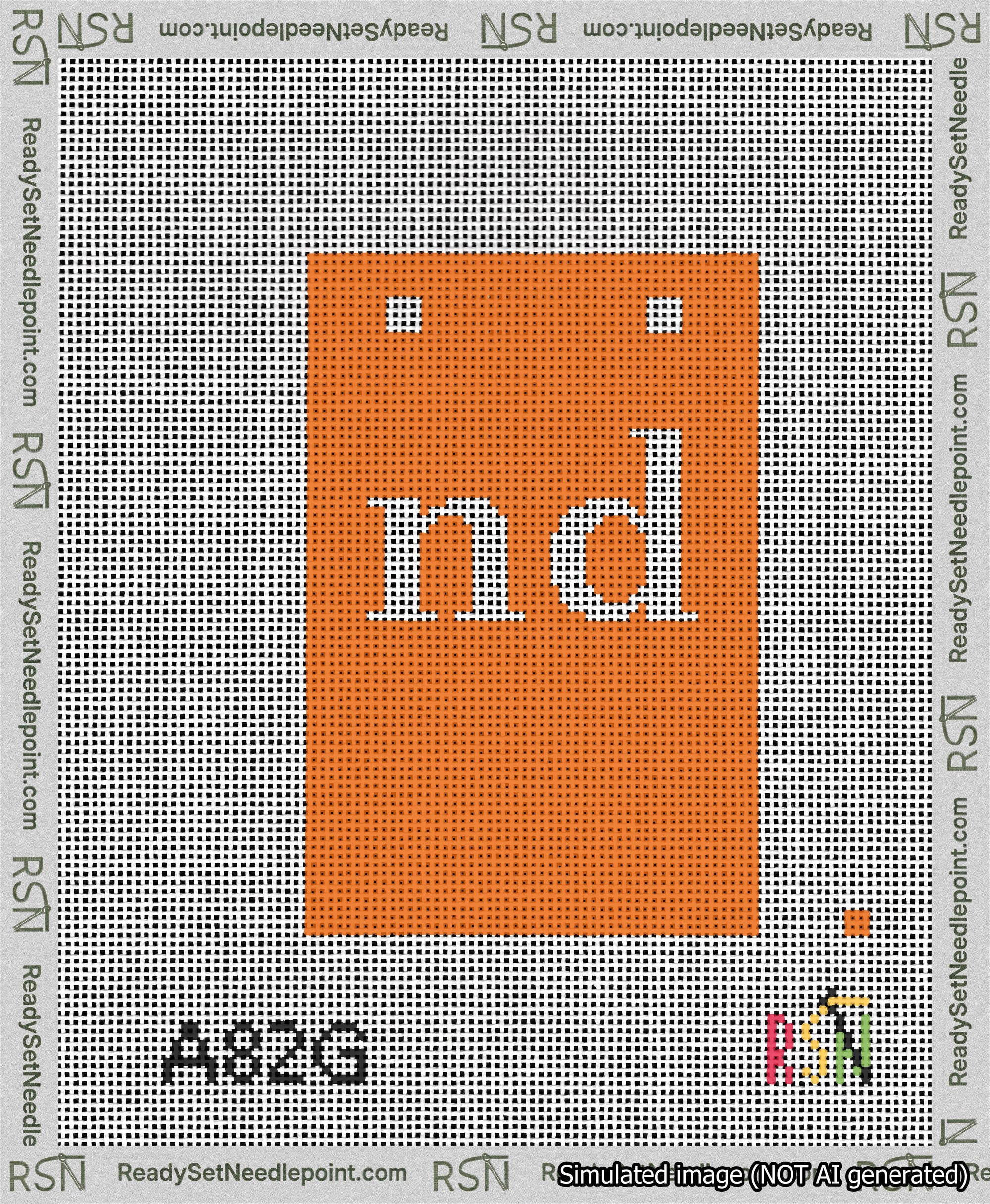 A taped needlepoint canvas with the design: Banner 13 mesh count Squared nd White on Orange.