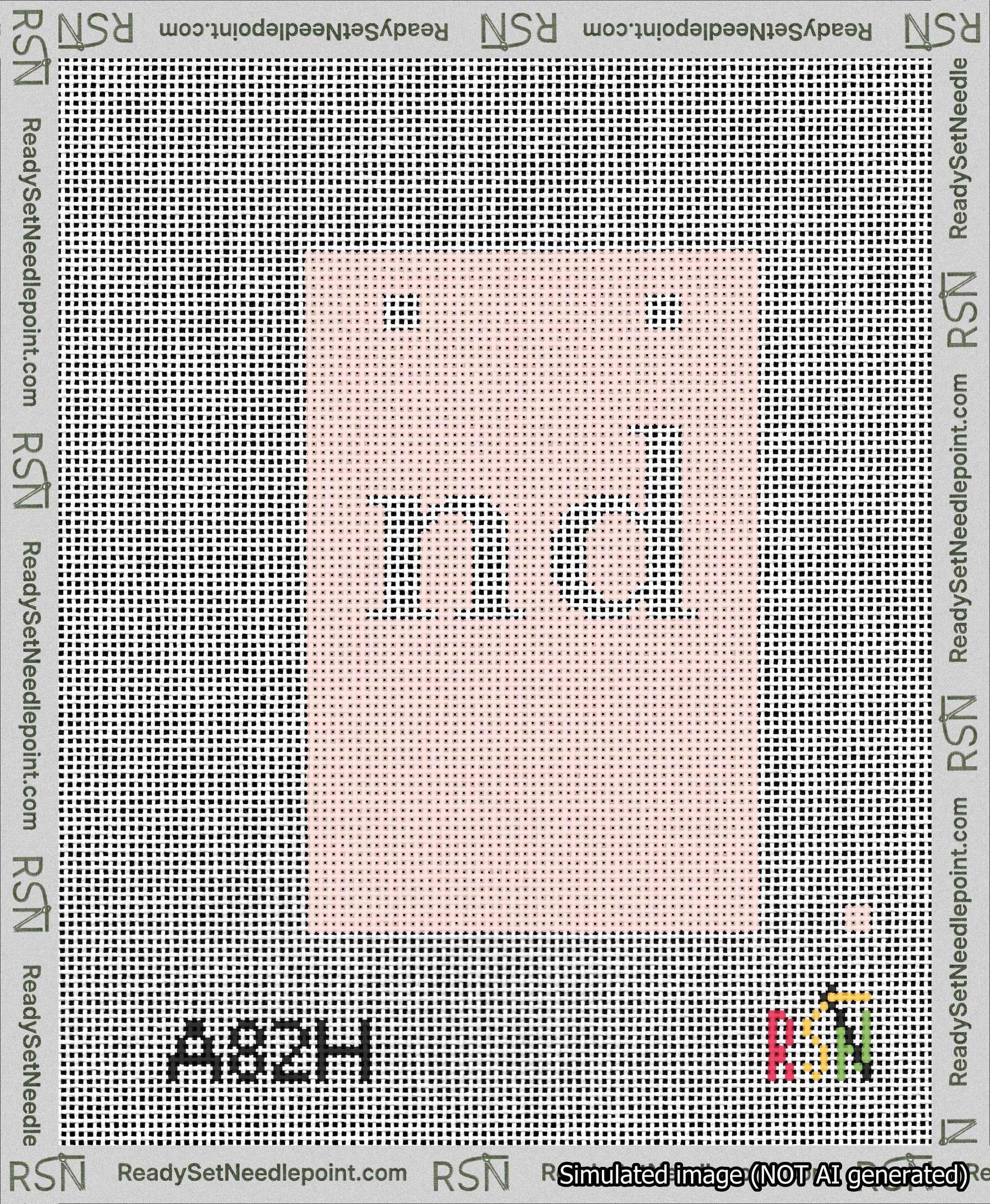 A taped needlepoint canvas with the design: Banner 13 mesh count Squared nd White on Pink.