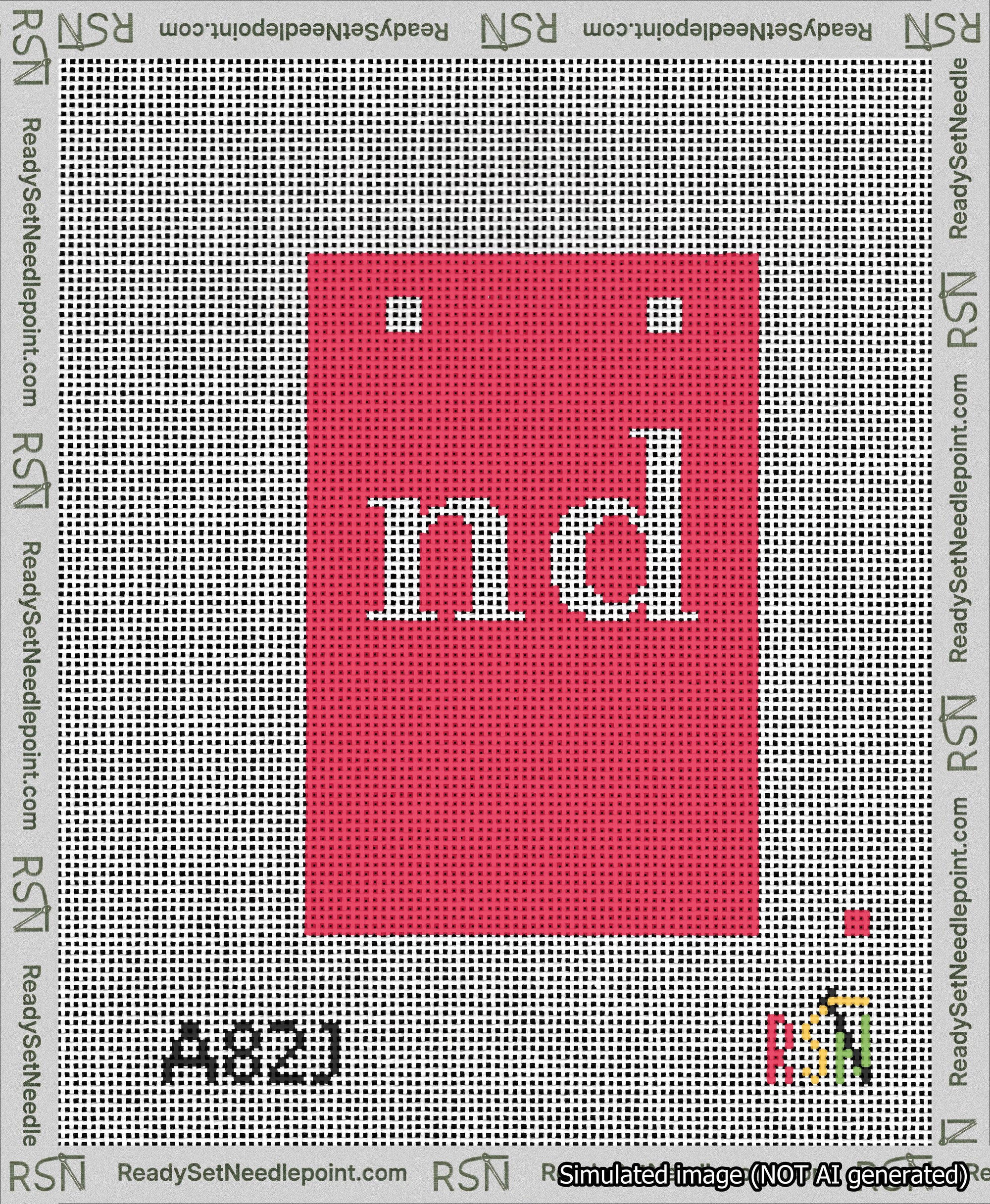 A taped needlepoint canvas with the design: Banner 13 mesh count Squared nd White on Red.