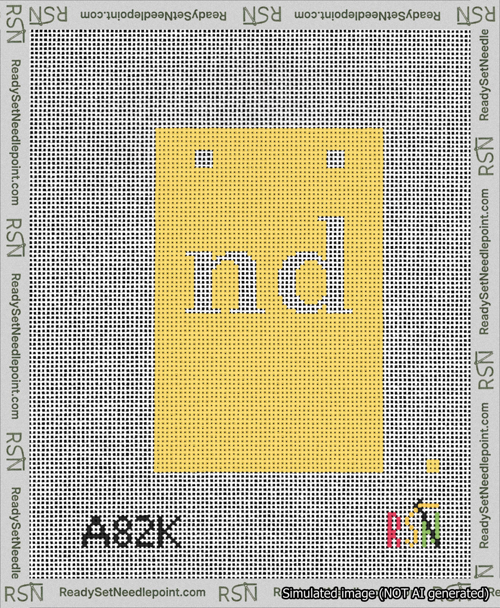 A taped needlepoint canvas with the design: Banner 13 mesh count Squared nd White on Yellow.
