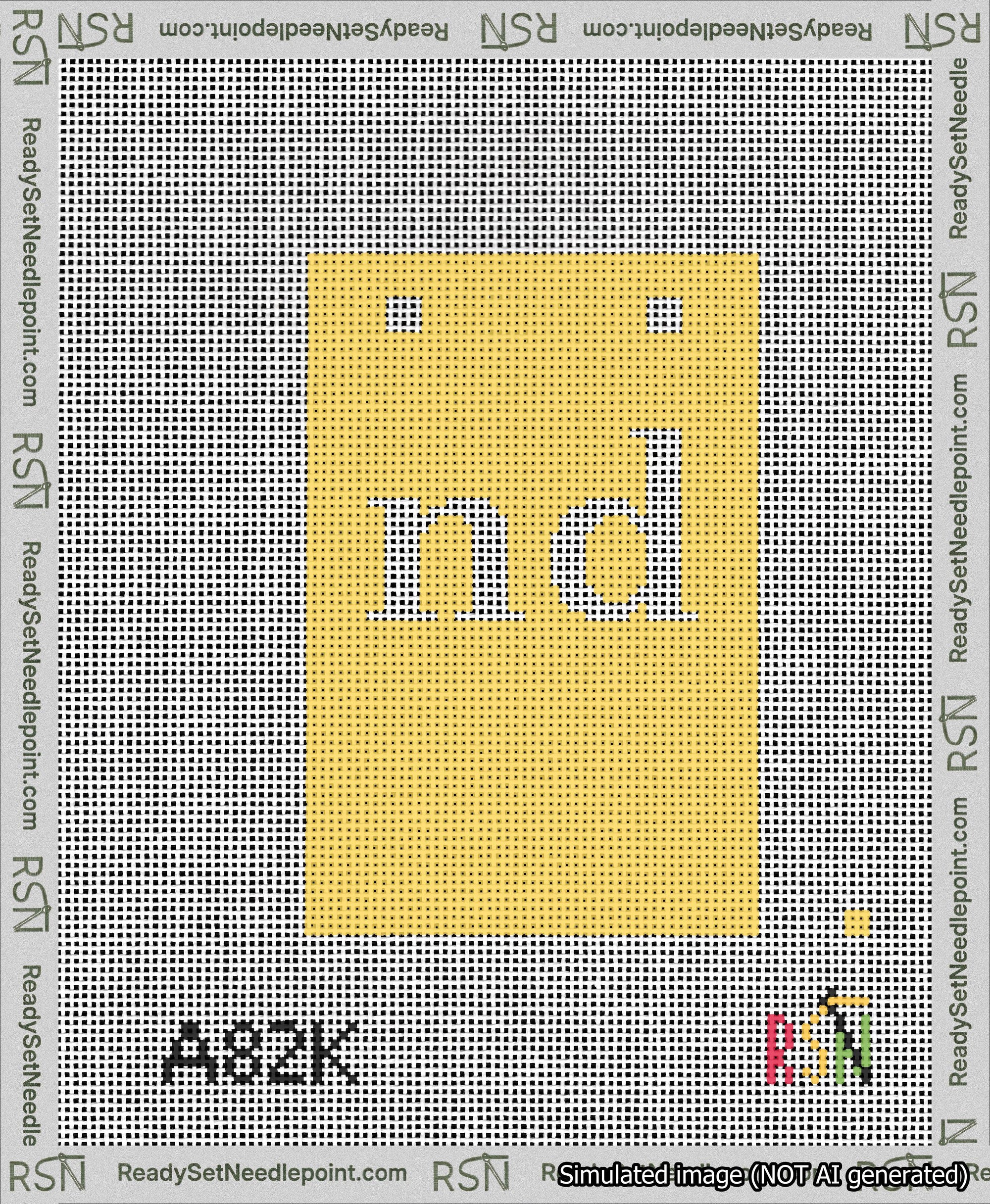 A taped needlepoint canvas with the design: Banner 13 mesh count Squared nd White on Yellow.