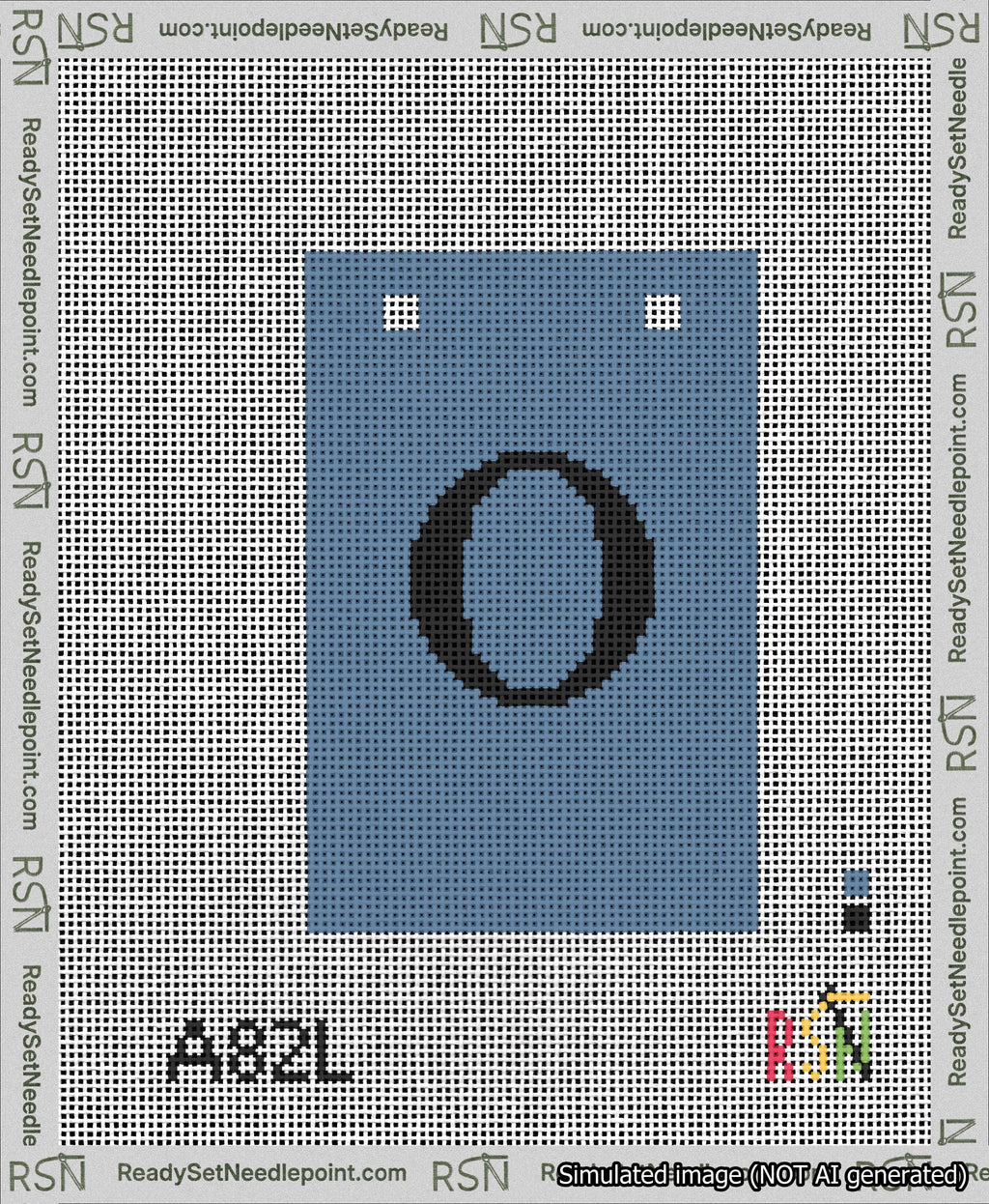 A taped needlepoint canvas with the design: Banner 13 mesh count Squared O Black on Blue.