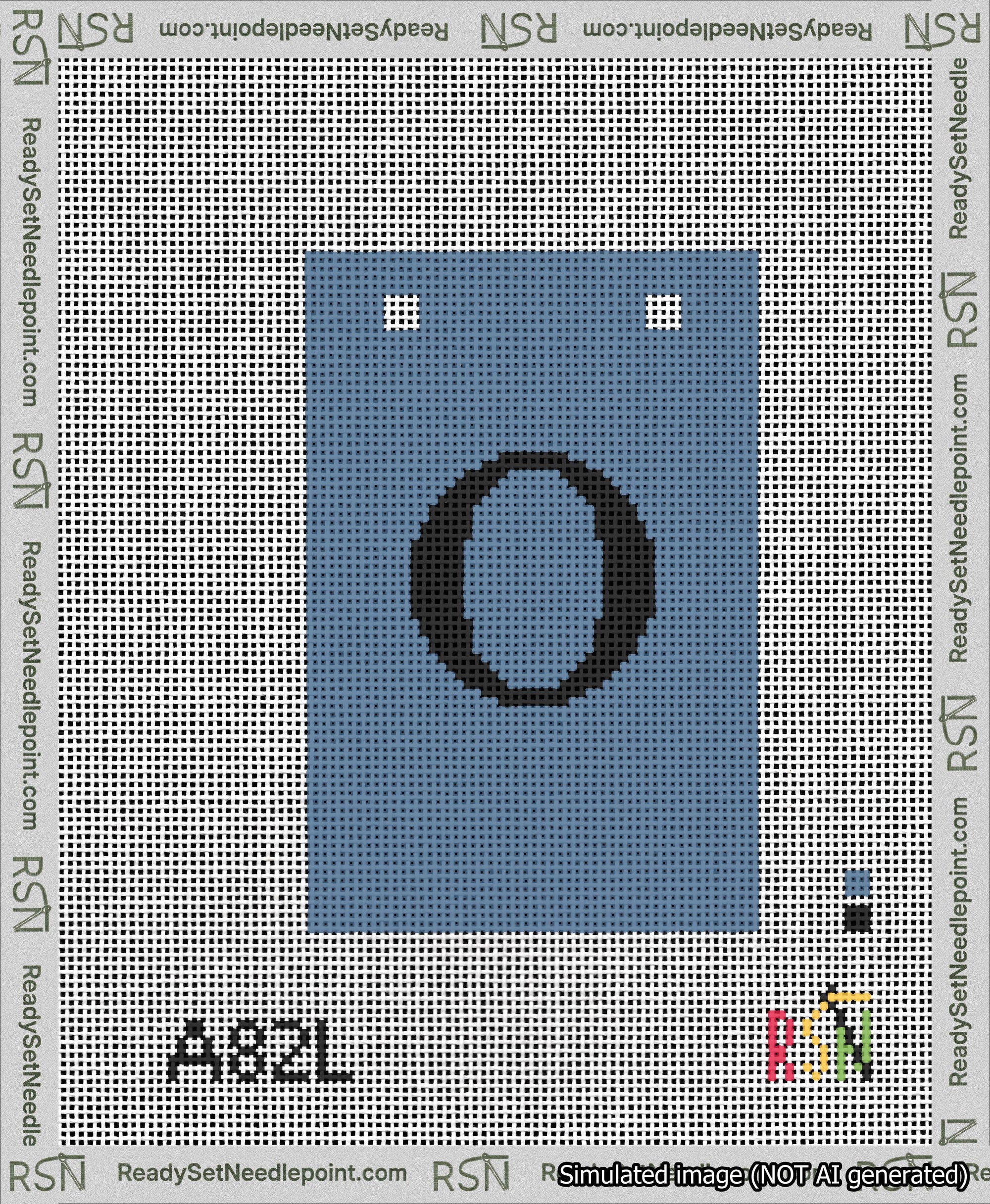 A taped needlepoint canvas with the design: Banner 13 mesh count Squared O Black on Blue.