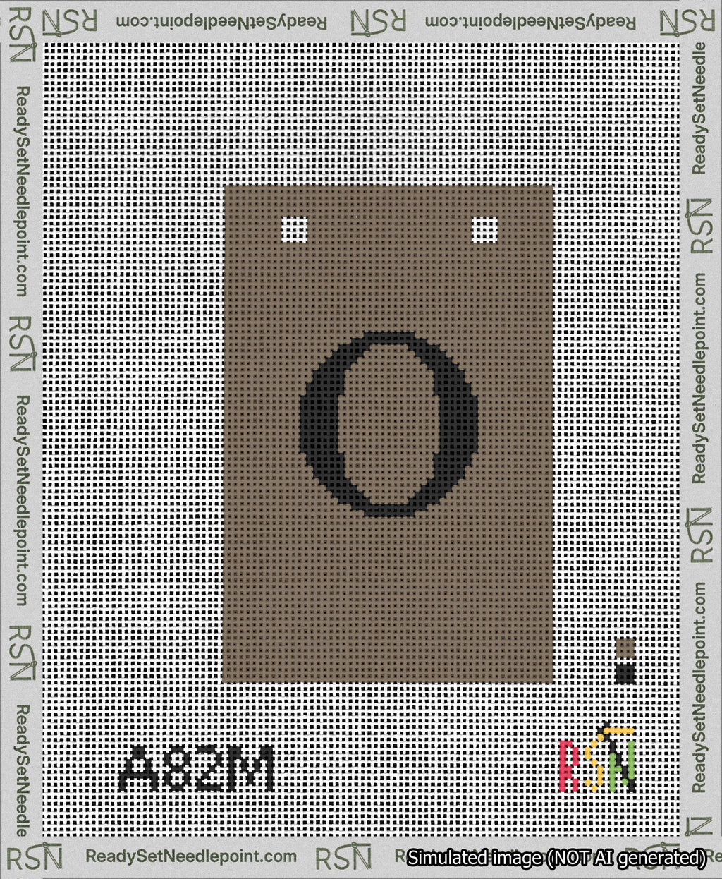 A taped needlepoint canvas with the design: Banner 13 mesh count Squared O Black on Brown.
