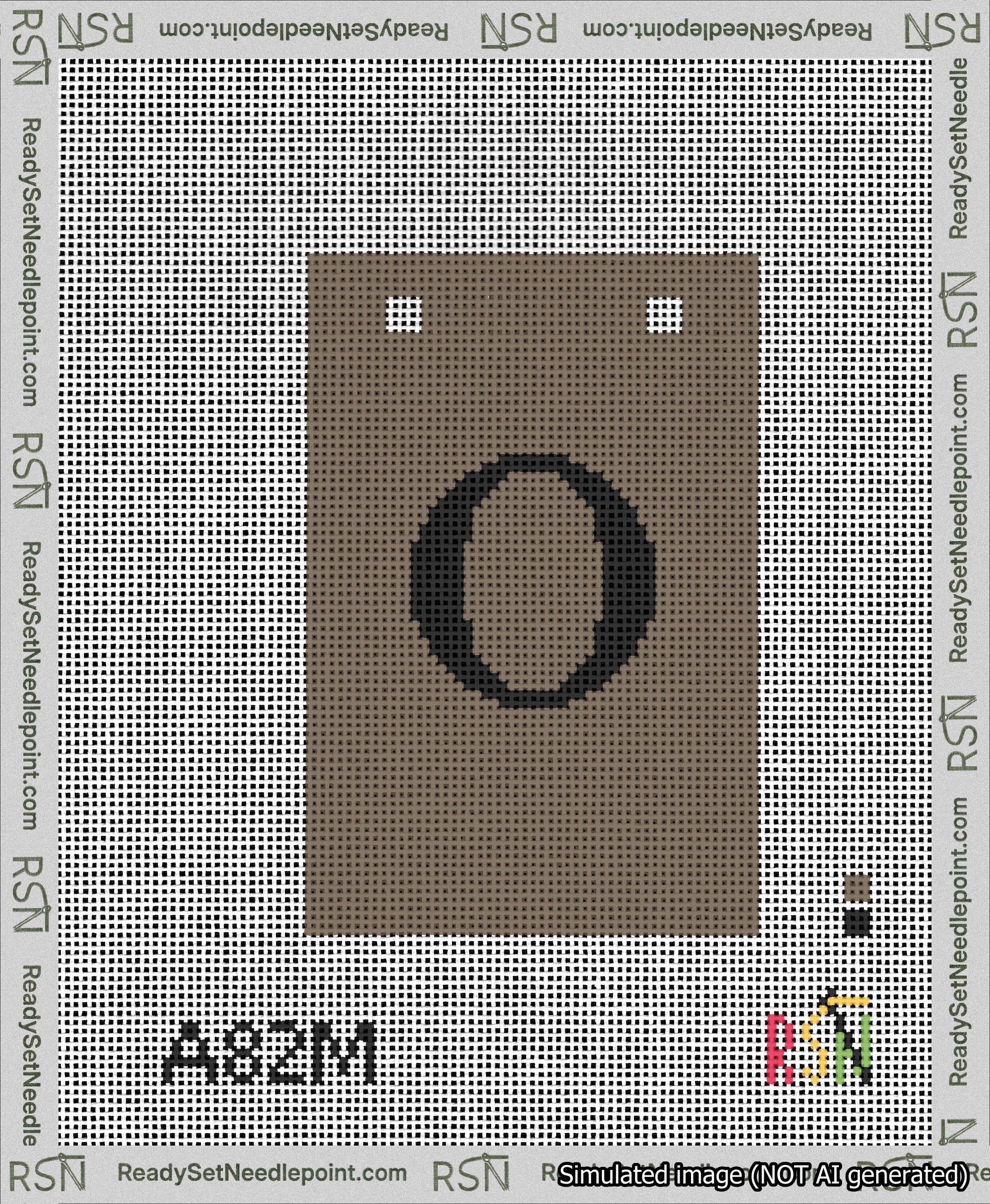 A taped needlepoint canvas with the design: Banner 13 mesh count Squared O Black on Brown.