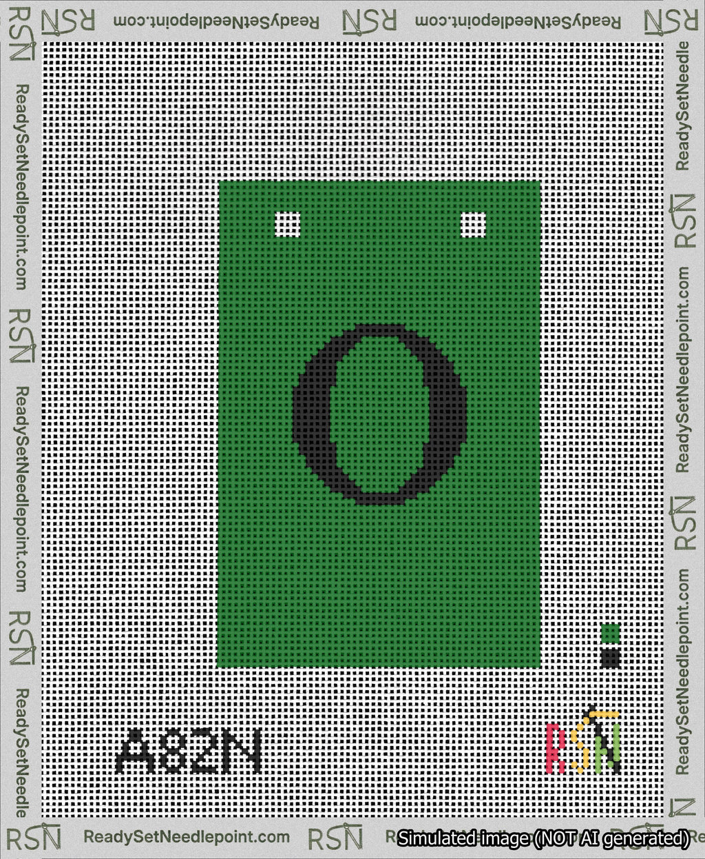 A taped needlepoint canvas with the design: Banner 13 mesh count Squared O Black on Green.