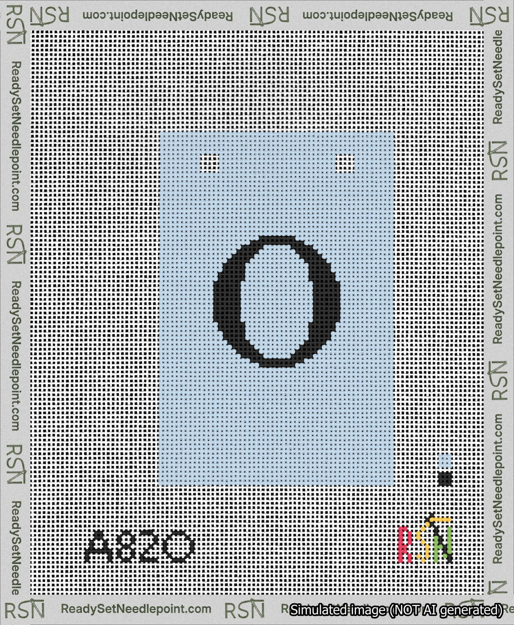 A taped needlepoint canvas with the design: Banner 13 mesh count Squared O Black on Light Blue.
