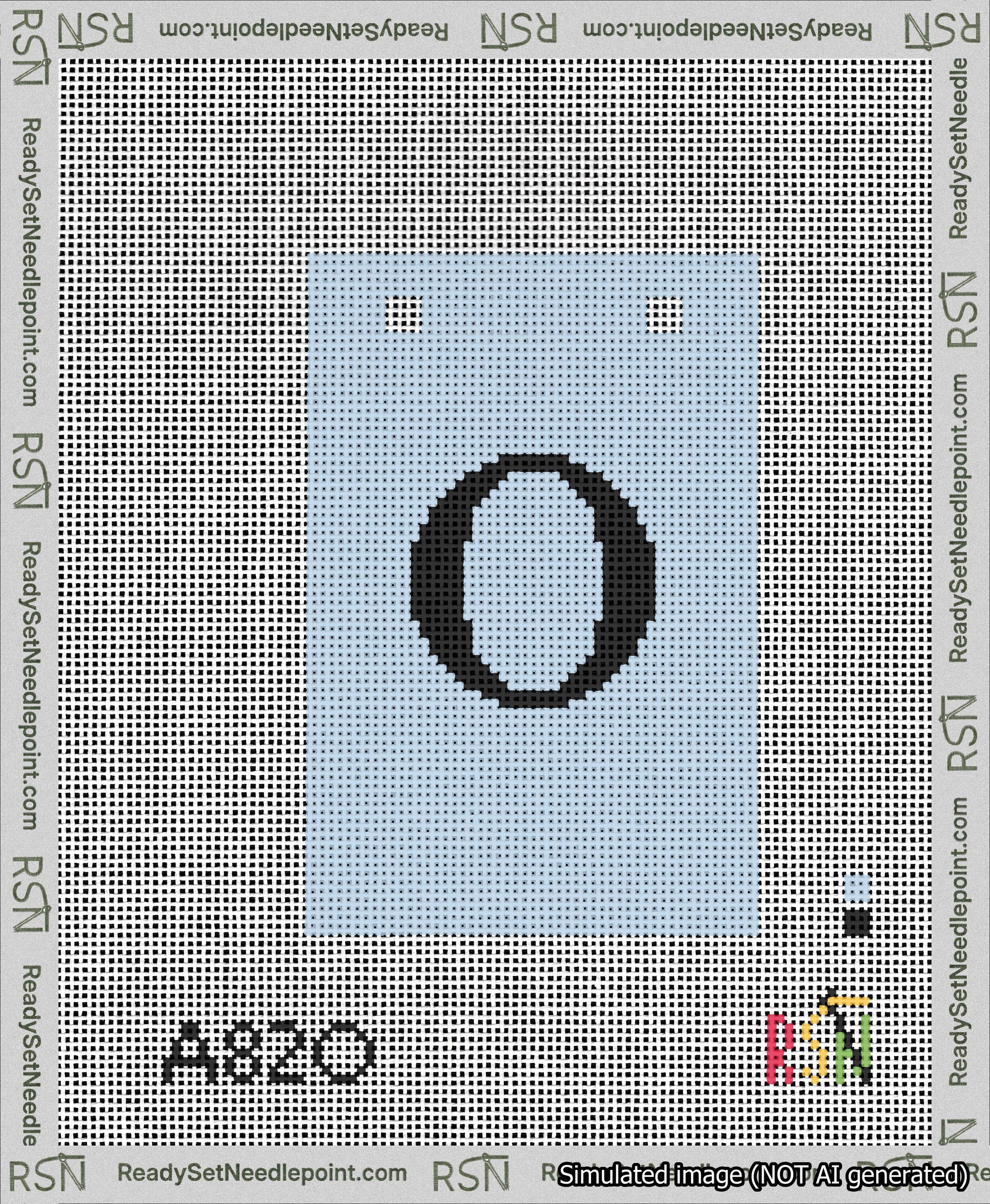 A taped needlepoint canvas with the design: Banner 13 mesh count Squared O Black on Light Blue.