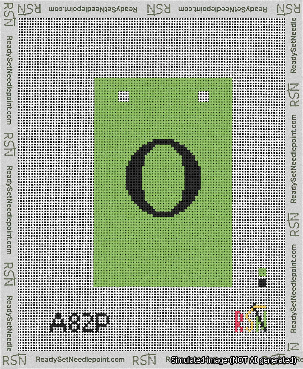 A taped needlepoint canvas with the design: Banner 13 mesh count Squared O Black on Light Green.