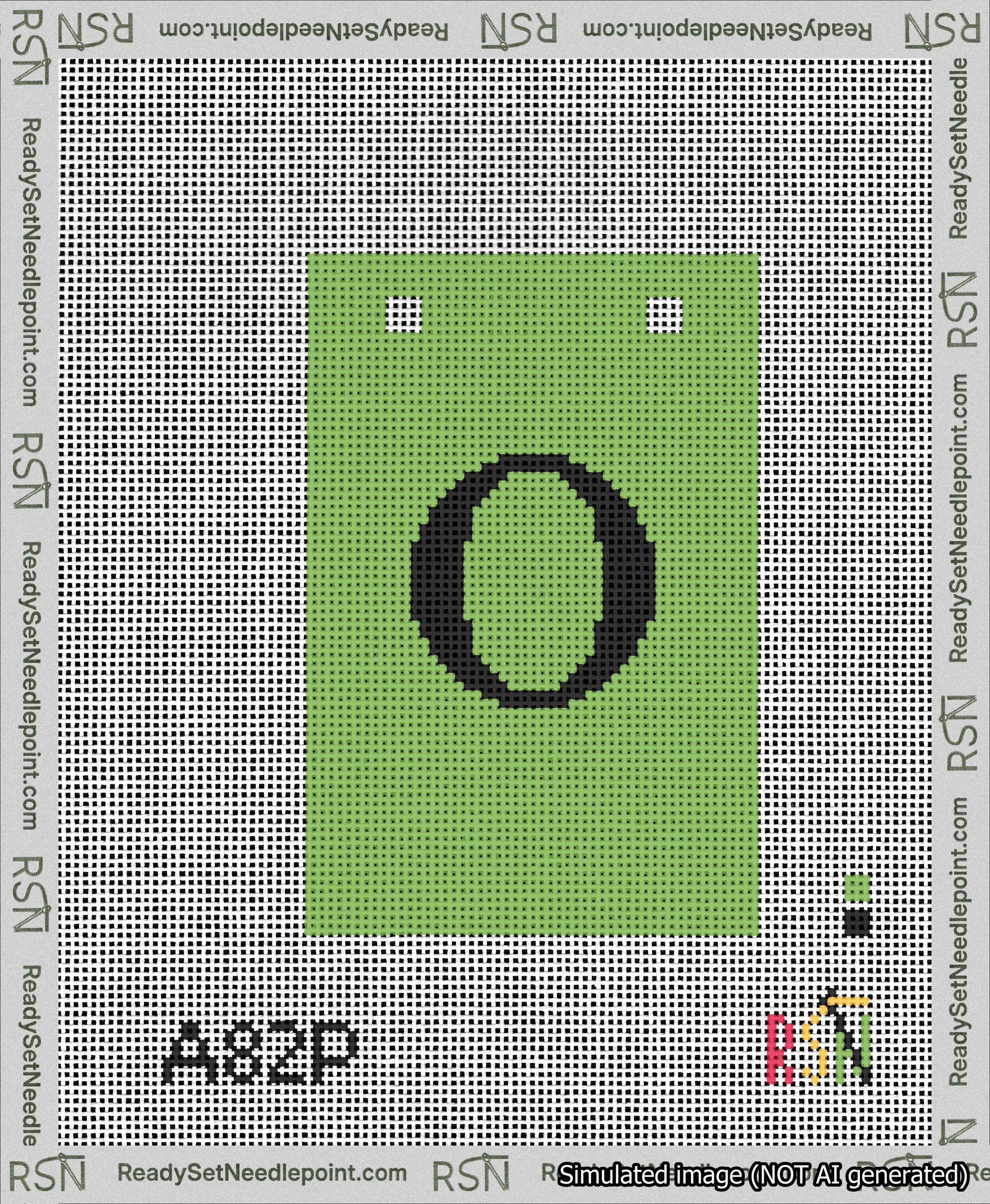 A taped needlepoint canvas with the design: Banner 13 mesh count Squared O Black on Light Green.