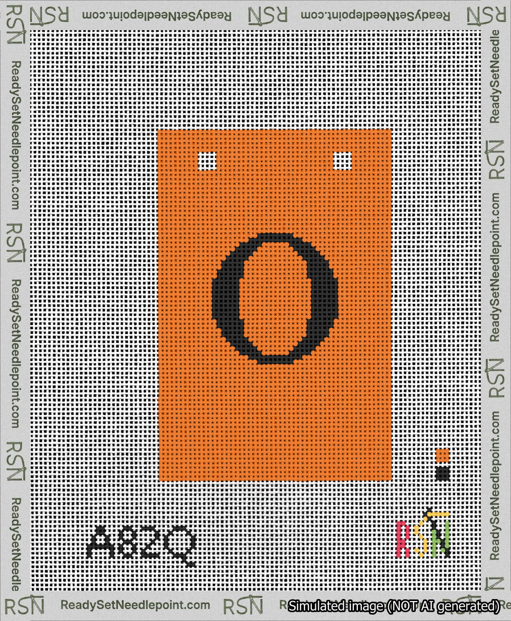 A taped needlepoint canvas with the design: Banner 13 mesh count Squared O Black on Orange.