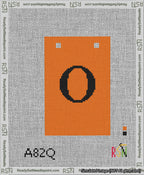 A taped needlepoint canvas with the design: Banner 13 mesh count Squared O Black on Orange.