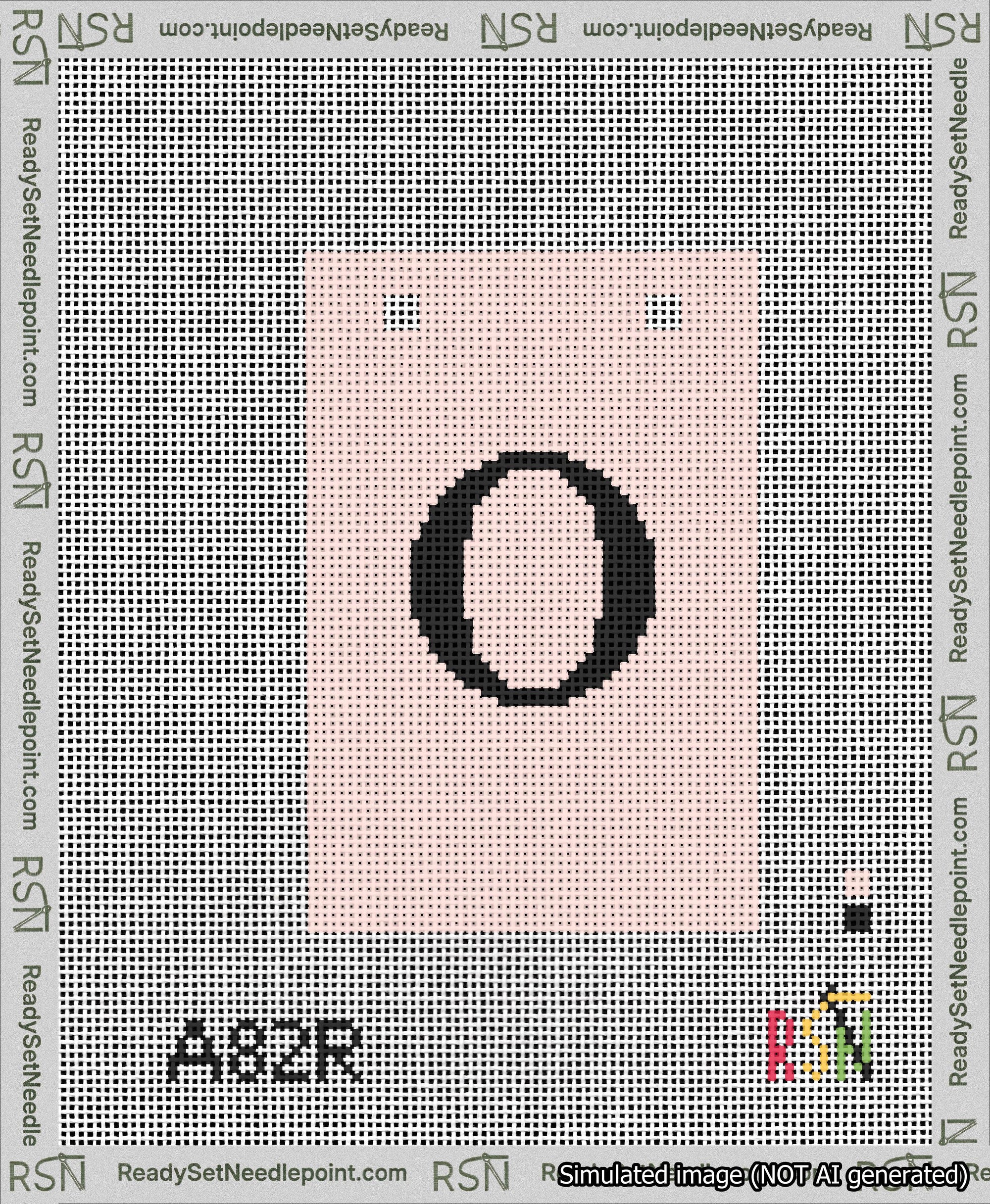 A taped needlepoint canvas with the design: Banner 13 mesh count Squared O Black on Pink.