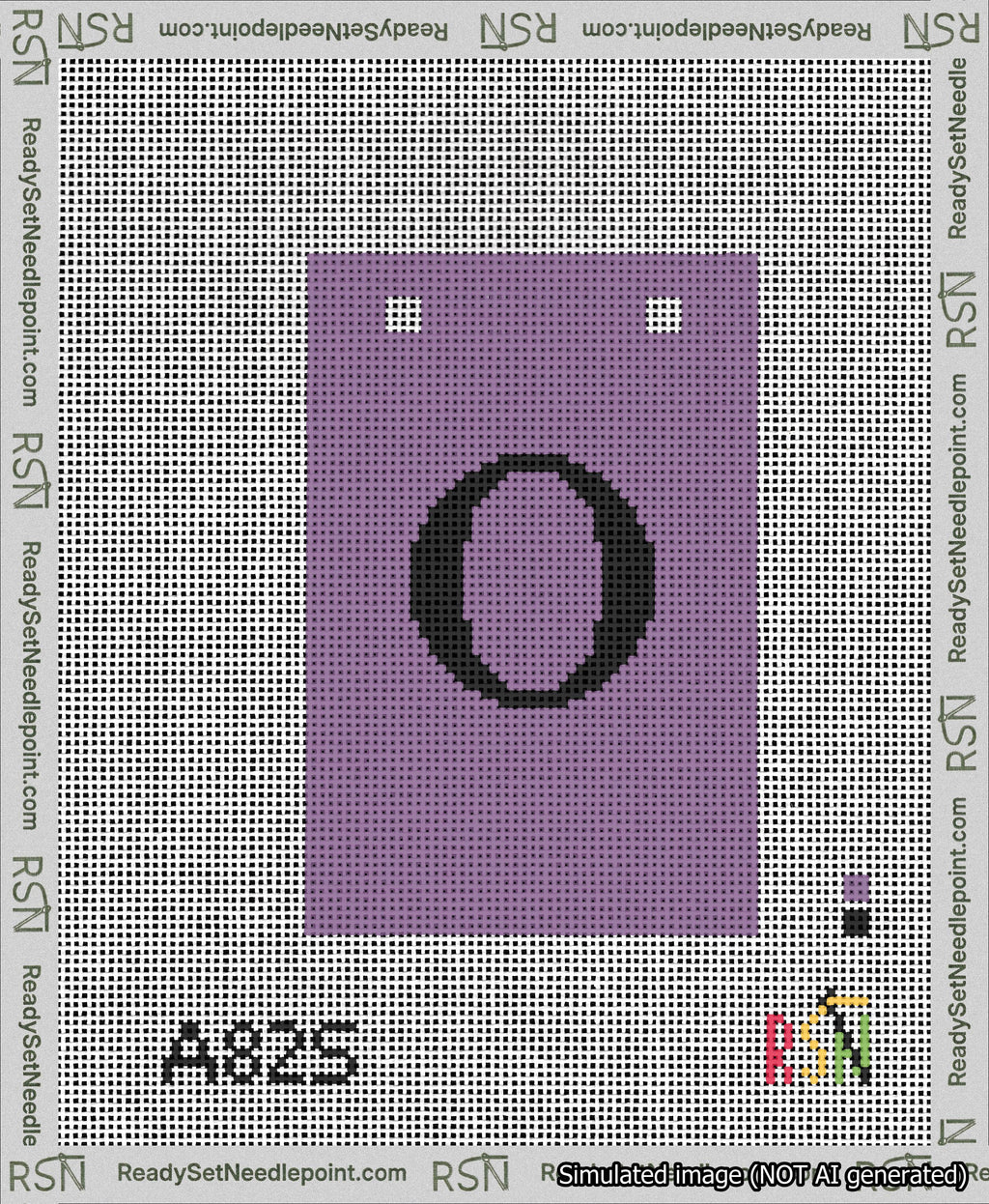 A taped needlepoint canvas with the design: Banner 13 mesh count Squared O Black on Purple.