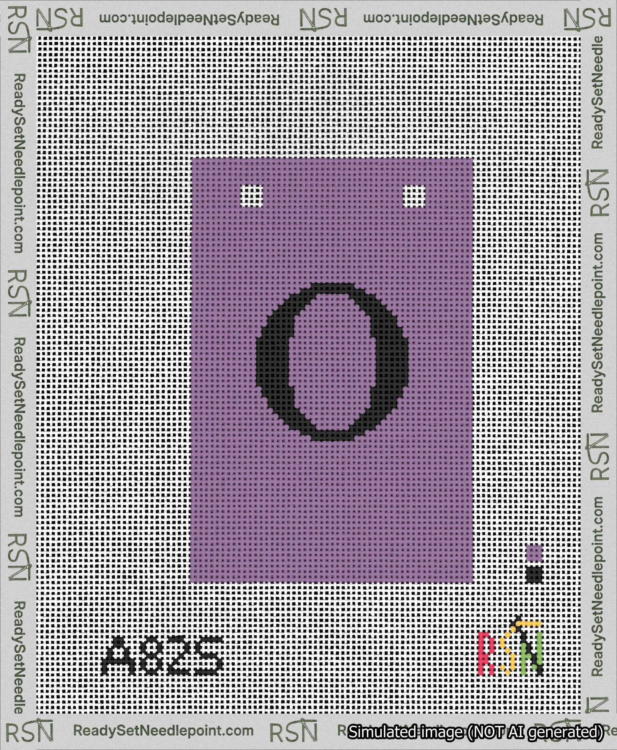 A taped needlepoint canvas with the design: Banner 13 mesh count Squared O Black on Purple.