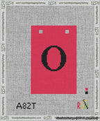 A taped needlepoint canvas with the design: Banner 13 mesh count Squared O Black on Red.