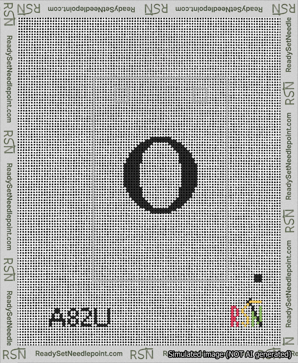 A taped needlepoint canvas with the design: Banner 13 mesh count Squared O Black on White.