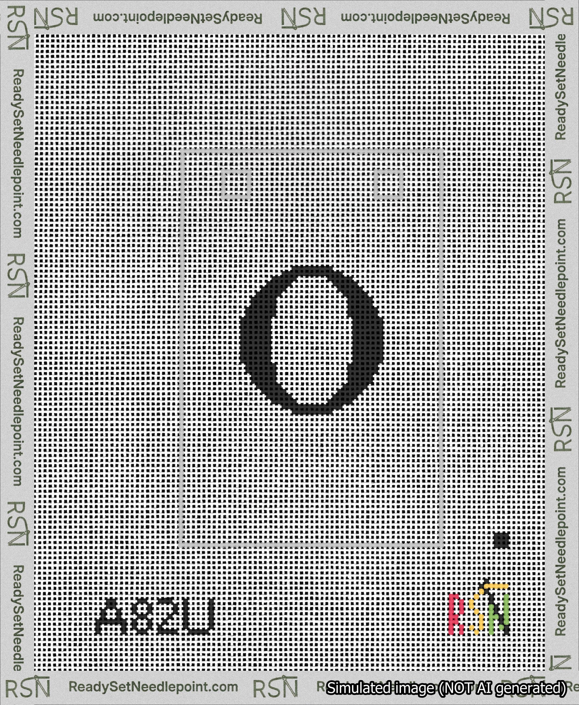 A taped needlepoint canvas with the design: Banner 13 mesh count Squared O Black on White.