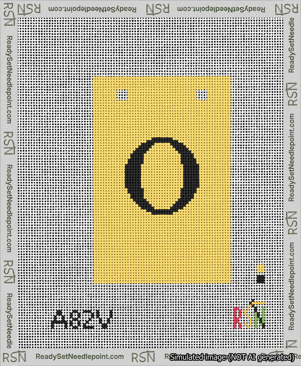 A taped needlepoint canvas with the design: Banner 13 mesh count Squared O Black on Yellow.