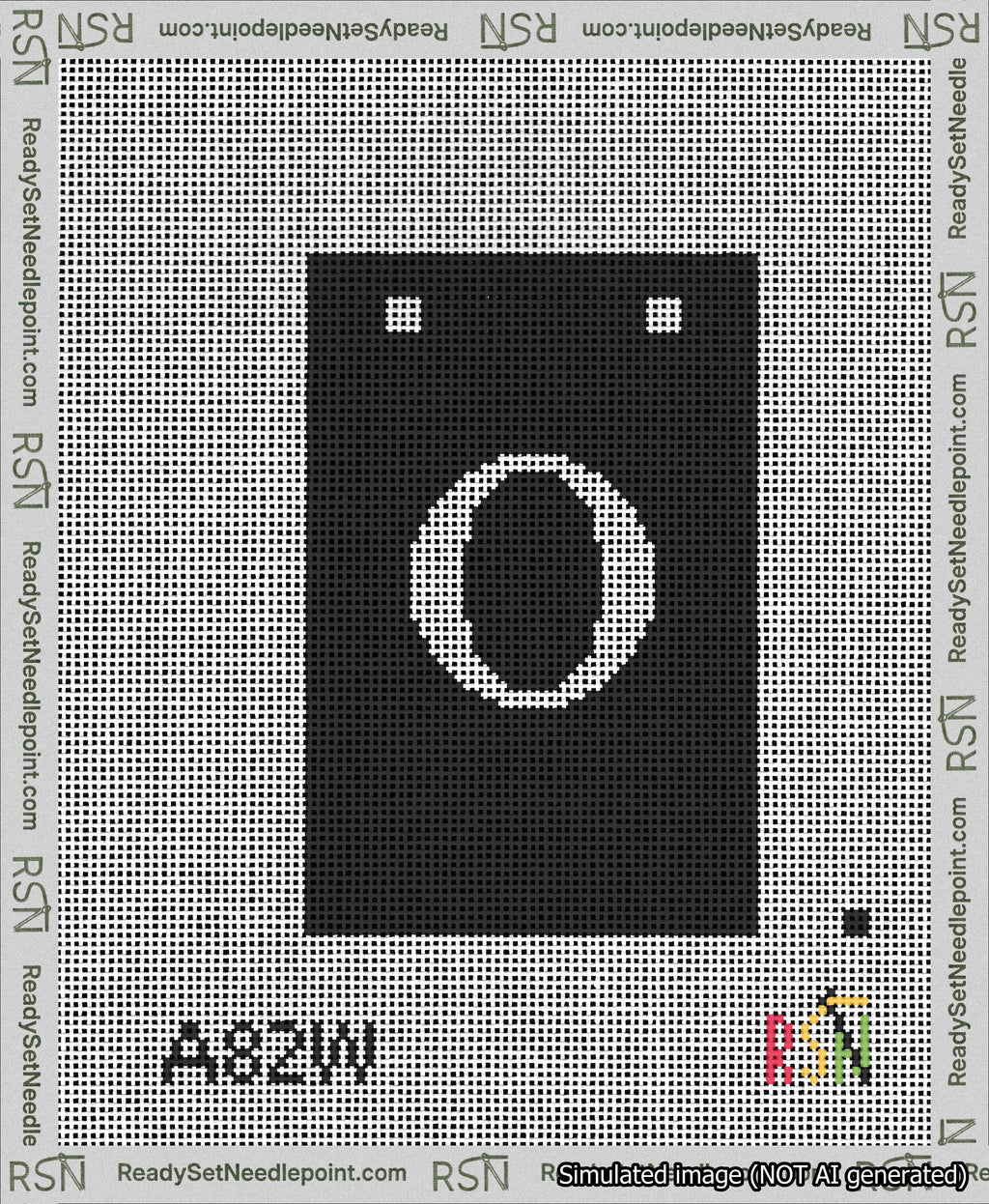 A taped needlepoint canvas with the design: Banner 13 mesh count Squared O White on Black.