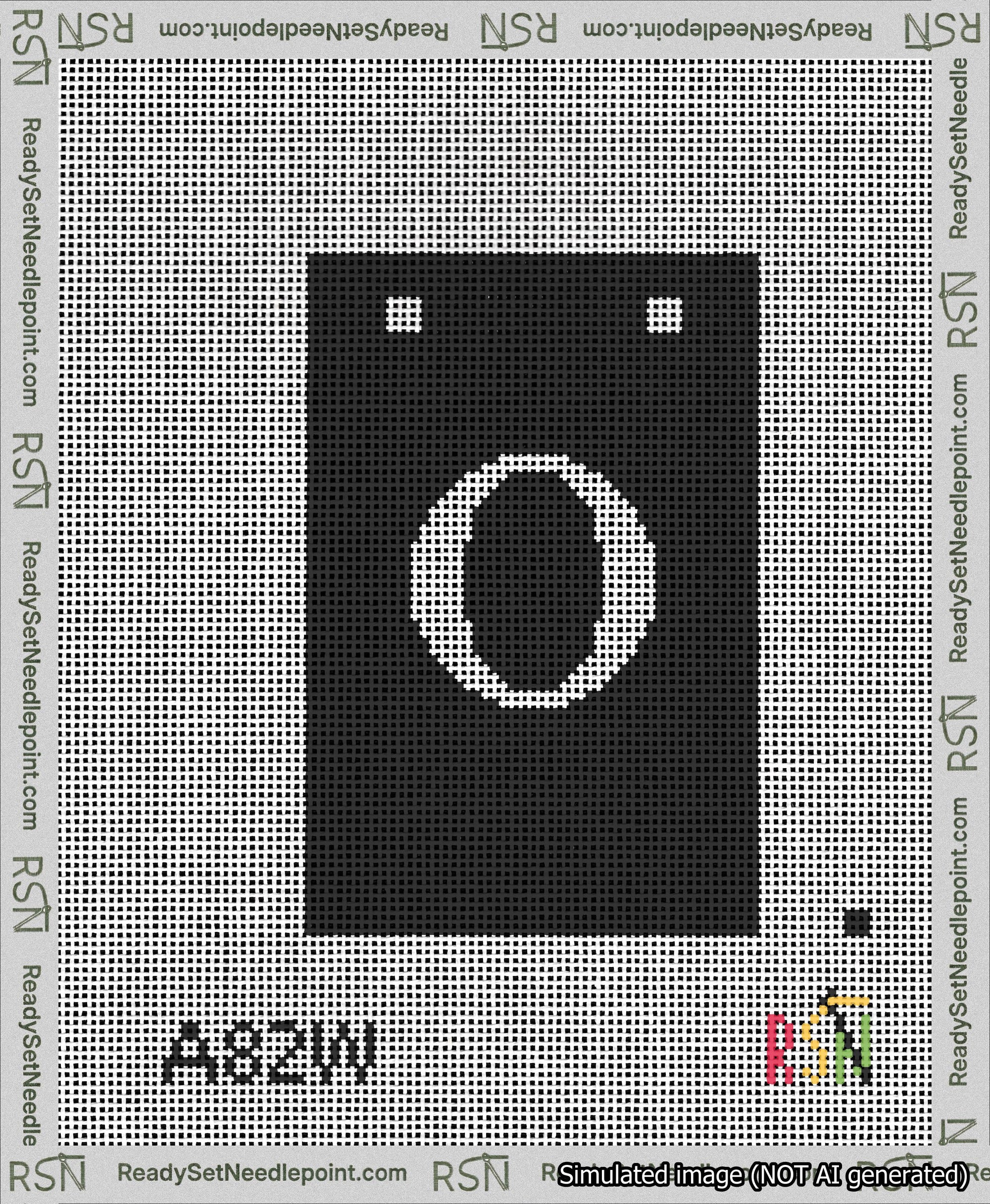 A taped needlepoint canvas with the design: Banner 13 mesh count Squared O White on Black.