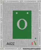 A taped needlepoint canvas with the design: Banner 13 mesh count Squared O White on Green.