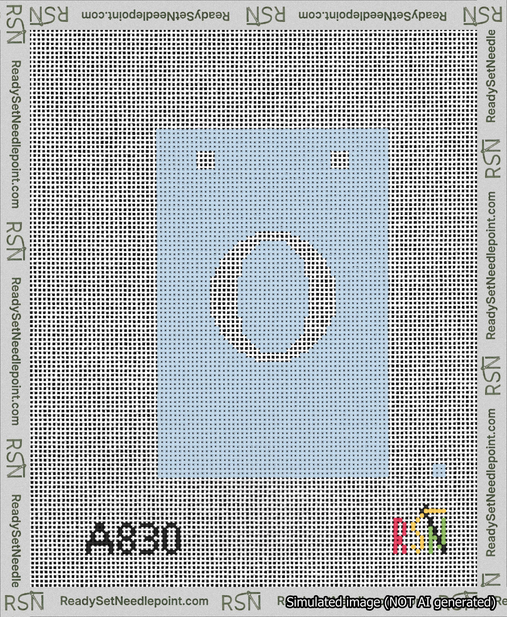 A taped needlepoint canvas with the design: Banner 13 mesh count Squared O White on Light Blue.