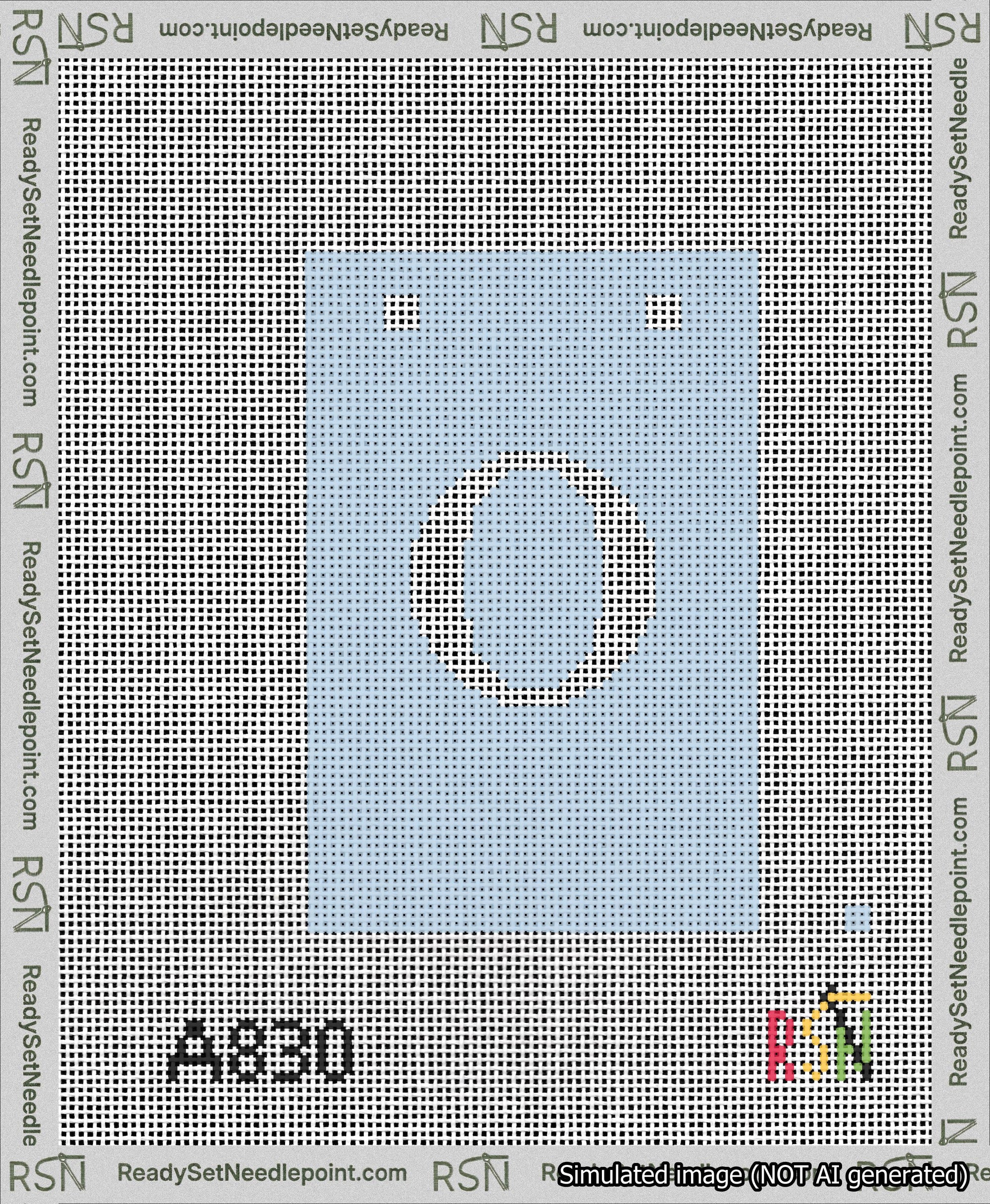 A taped needlepoint canvas with the design: Banner 13 mesh count Squared O White on Light Blue.