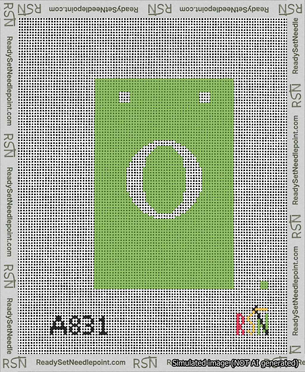 A taped needlepoint canvas with the design: Banner 13 mesh count Squared O White on Light Green.